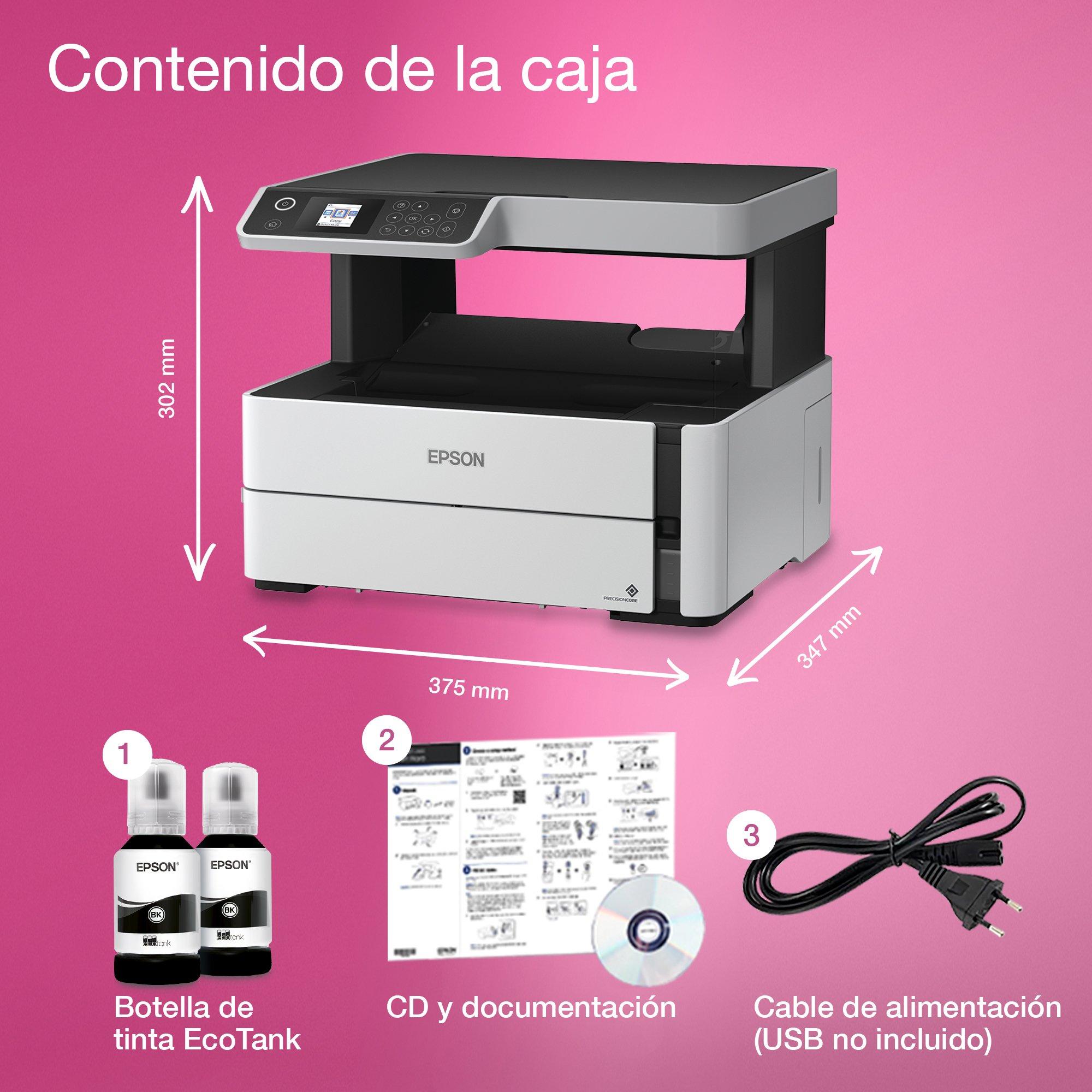 Impresora multifunción EcoTank ET-M2170 A4 monocromo con depósito de tinta y conexión Wi-Fi whats in the box