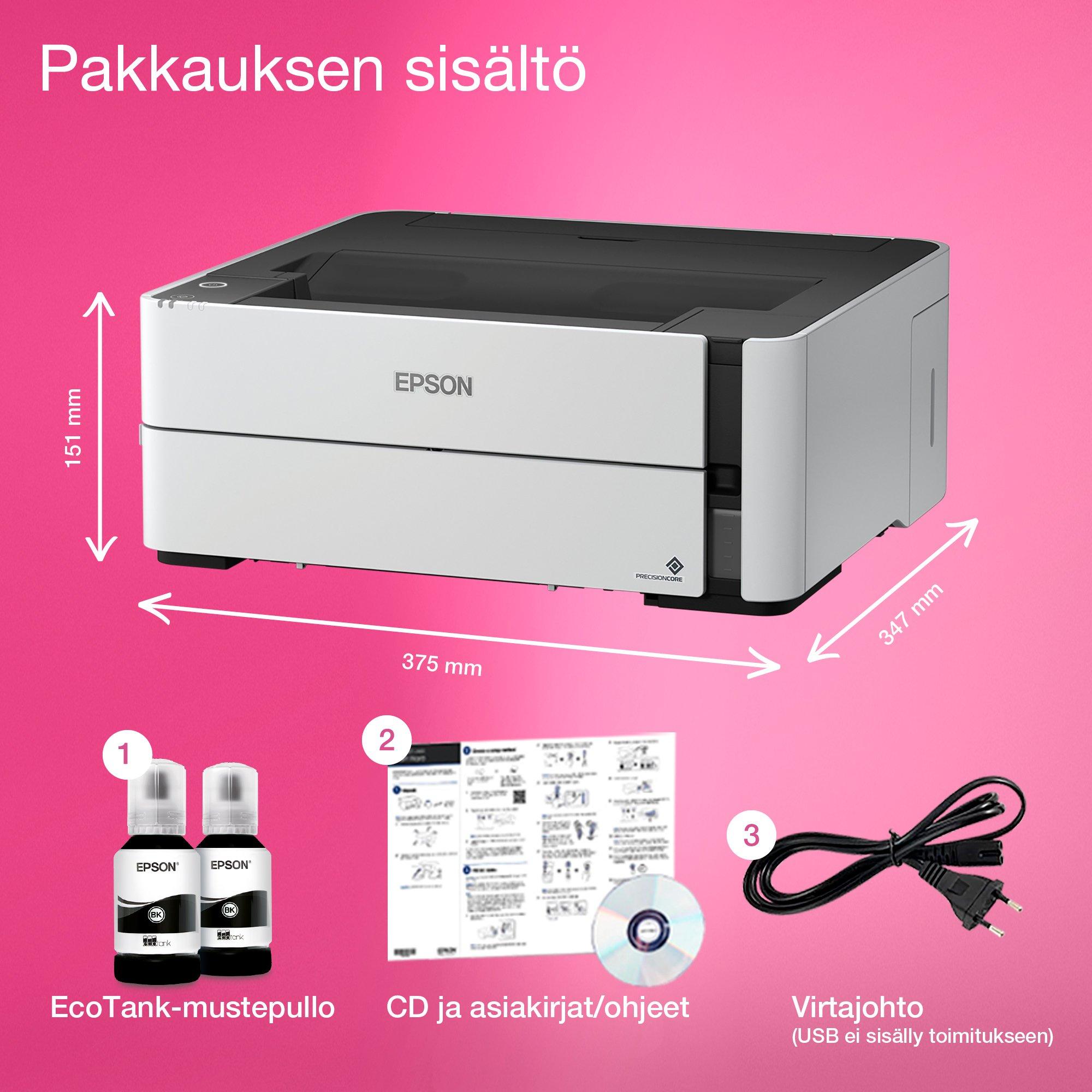 EcoTank ET-M1170 A4-mustavalkotulostin – Wi-Fi ja mustesäiliö whats in the box