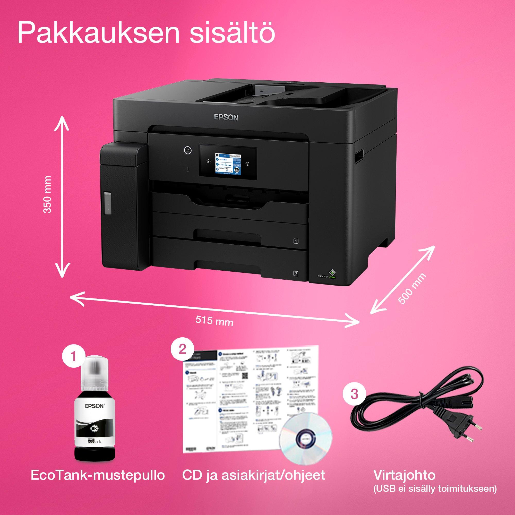 EcoTank ET-M16600 A3-mustavalkomonitoimitulostin – Wi-Fi, mustesäiliö, skannaus ja kopiointi whats in the box