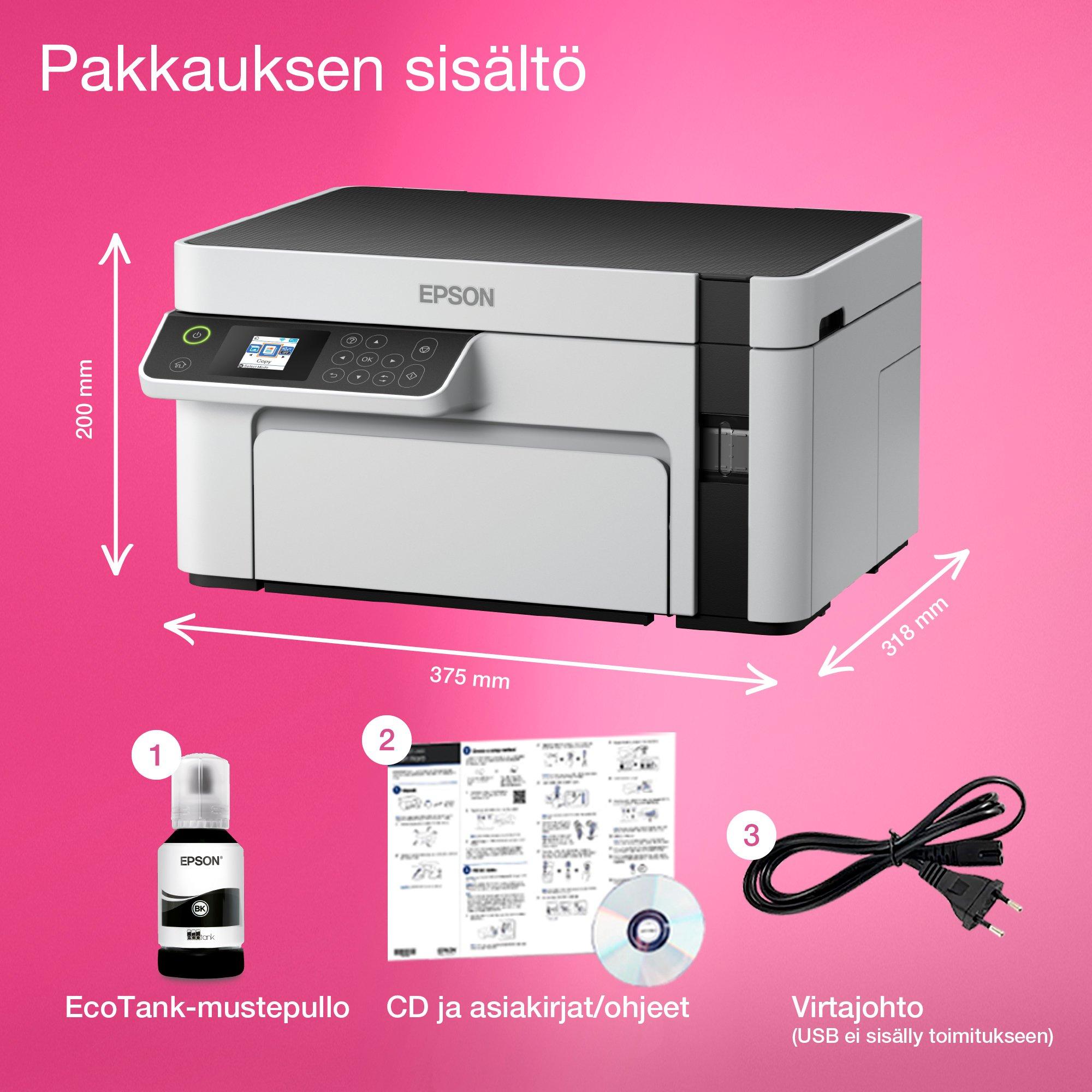 EcoTank ET-M2120 A4-mustavalkomonitoimitulostin – Wi-Fi ja mustesäiliö whats in the box