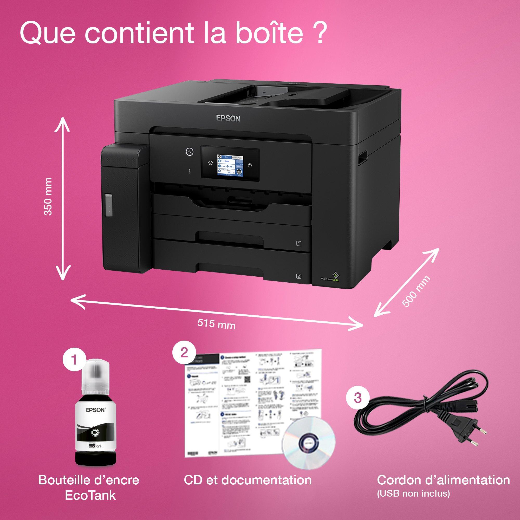 Imprimante multifonction A3 EcoTank monochrome ET-M16600 avec Wi-Fi, réservoir d’encre, scanner et copie whats in the box