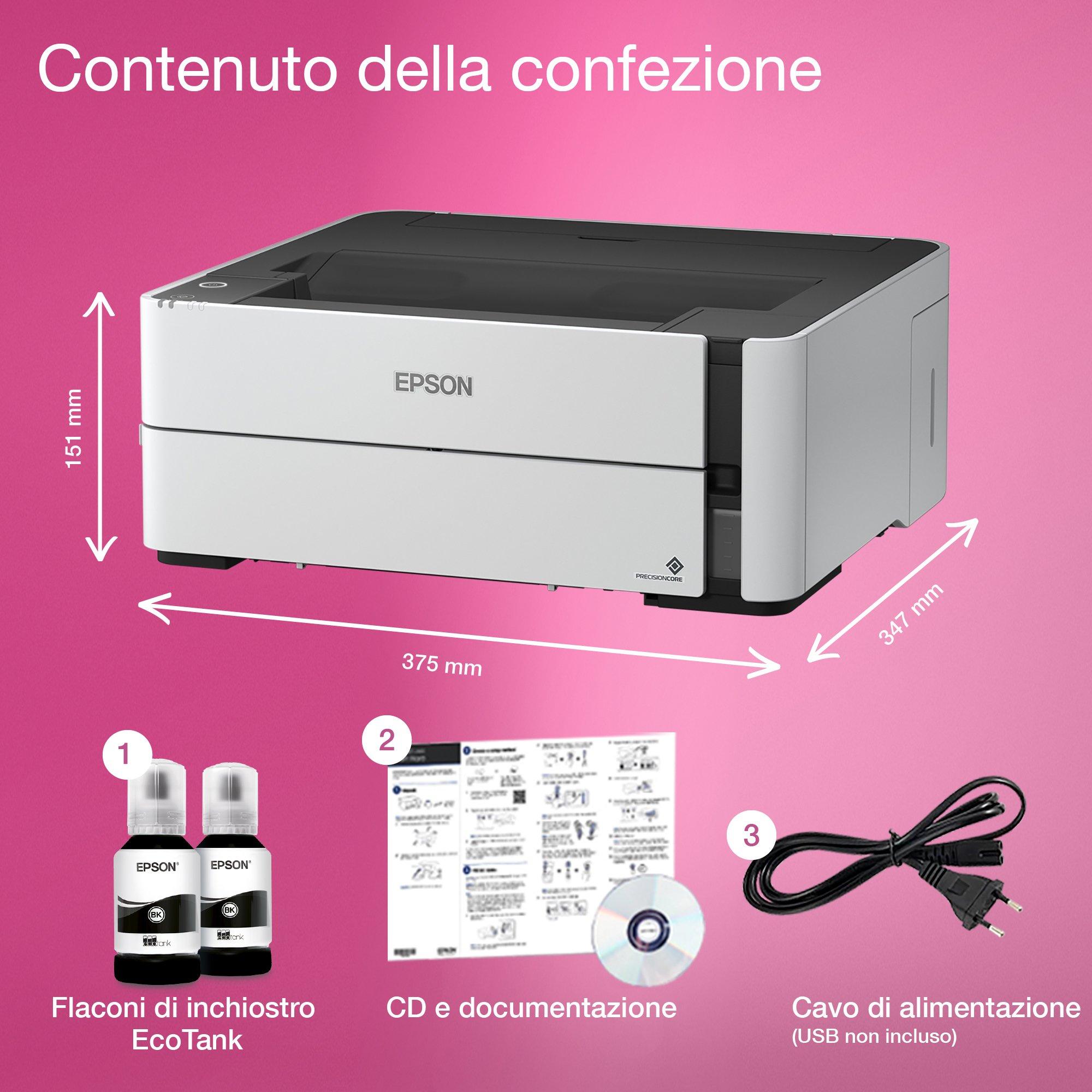 Stampante con serbatoio di inchiostro Wi-Fi A4 monocromatica EcoTank ET-M1170 whats in the box