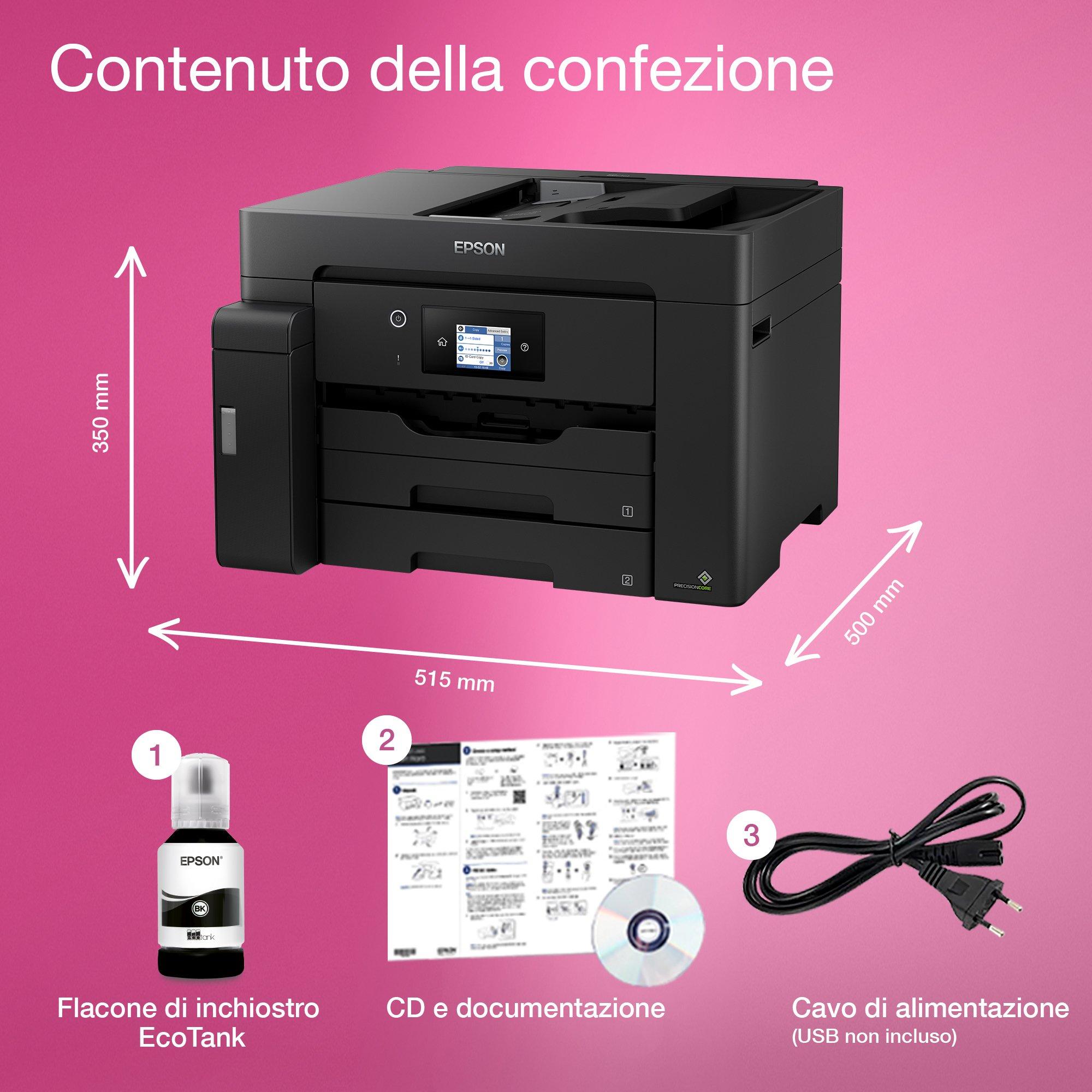 EcoTank ET-M16600 stampante monocromatica multifunzione A3 Wi-Fi con serbatoio di inchiostro, scansione e copia whats in the box