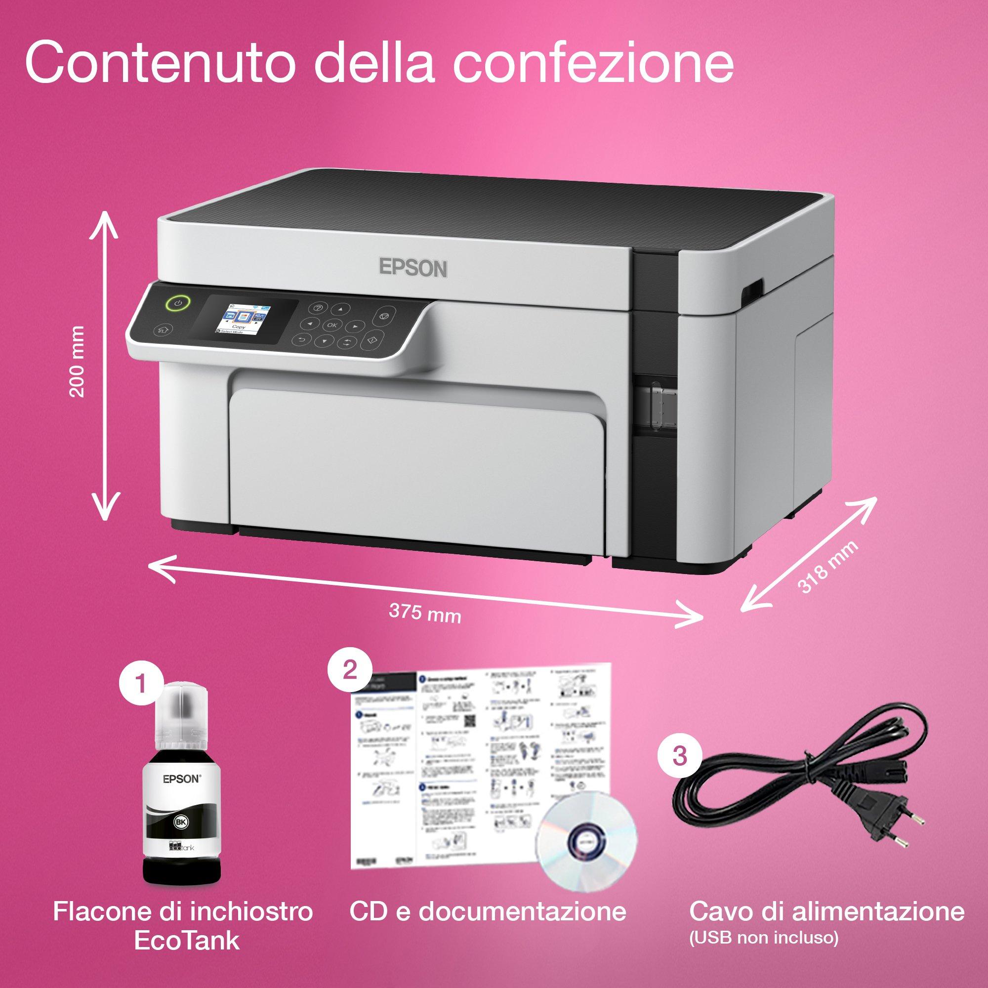 Stampante monocromatica multifunzione A4 Wi-Fi con serbatoi di inchiostro EcoTank ET-M2120 whats in the box