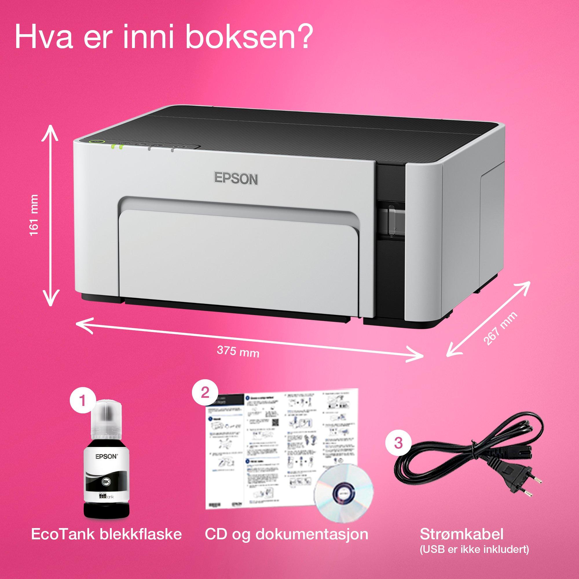 EcoTank ET-M1120 A4 Wi-Fi svart-hvit blekktankskriver whats in the box
