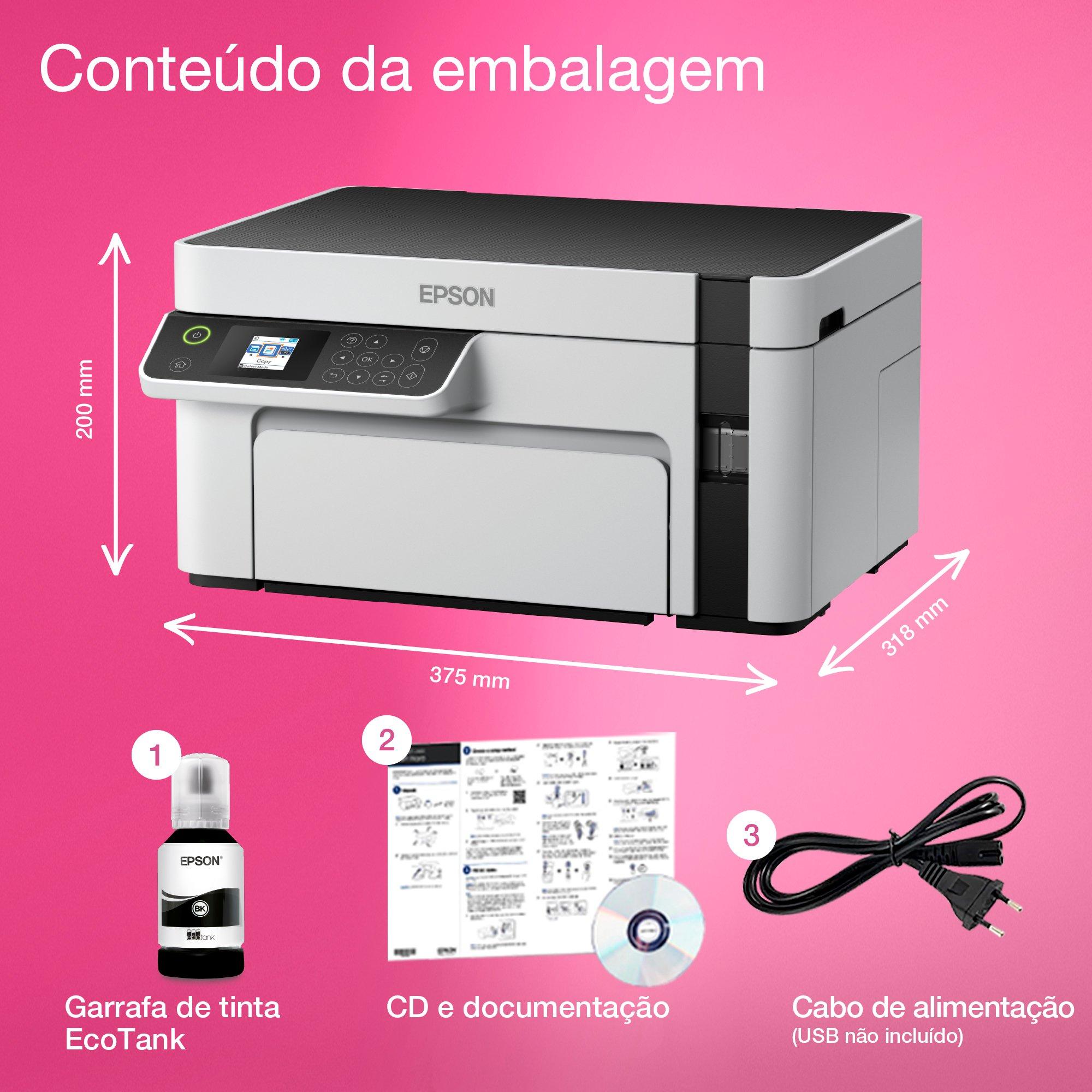 Impressora com tanque de tinta Wi-Fi multifunções monocromática EcoTank ET-M2120 A4 whats in the box