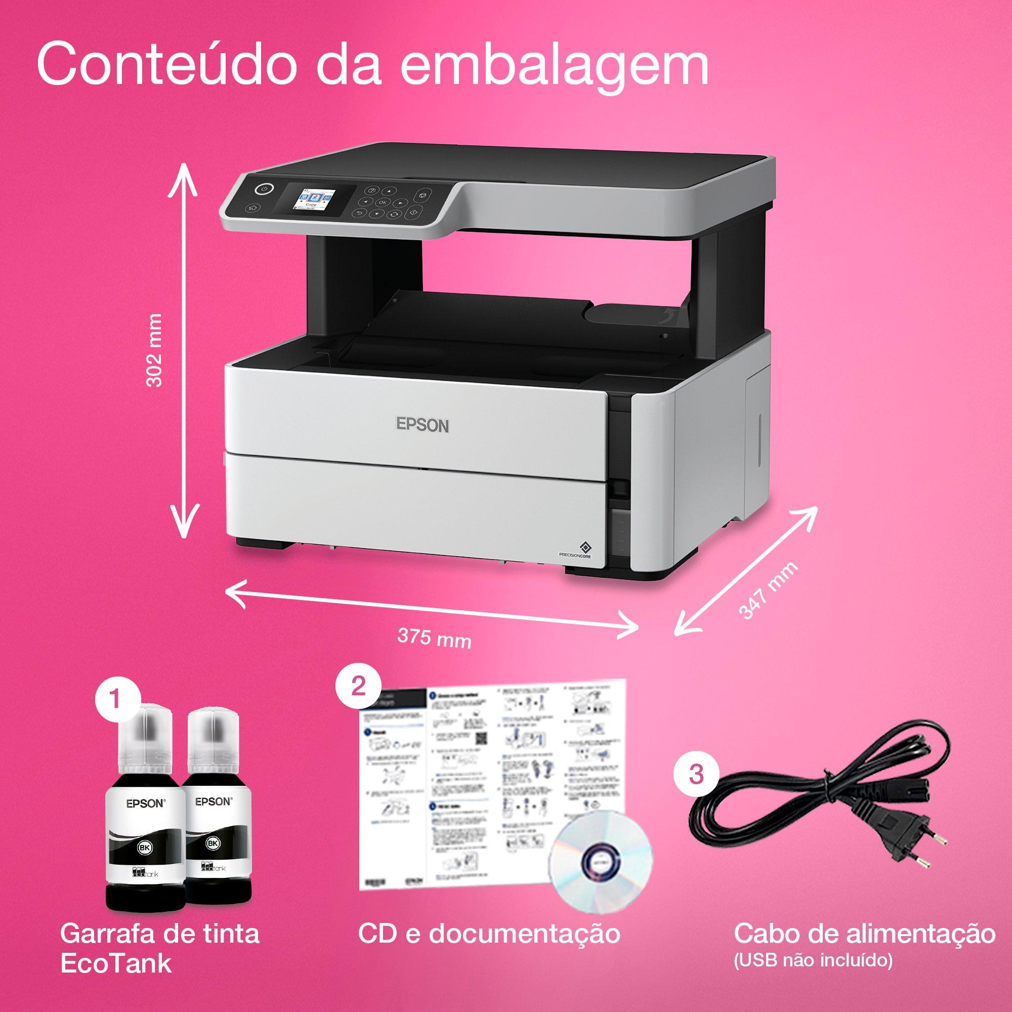 Impressora com tanque de tinta Wi-Fi multifunções monocromática EcoTank ET-M2170 A4 whats in the box