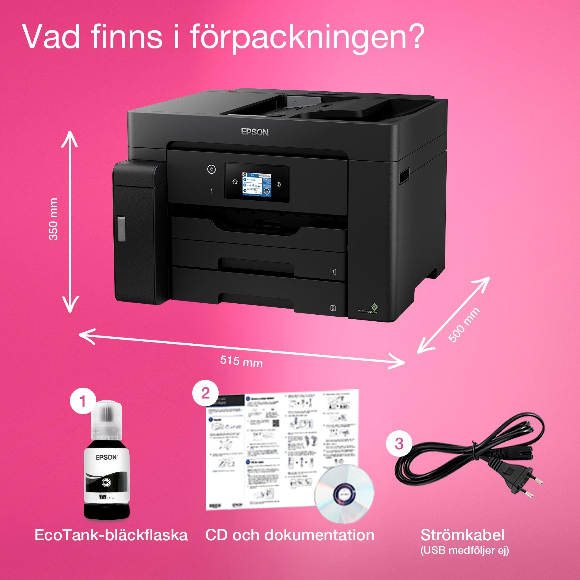 EcoTank ET-M16600 A3-multifunktionsskrivare för svartvit utskrift med bläckbehållare, Wi-Fi, skanning och kopiering whats in the box