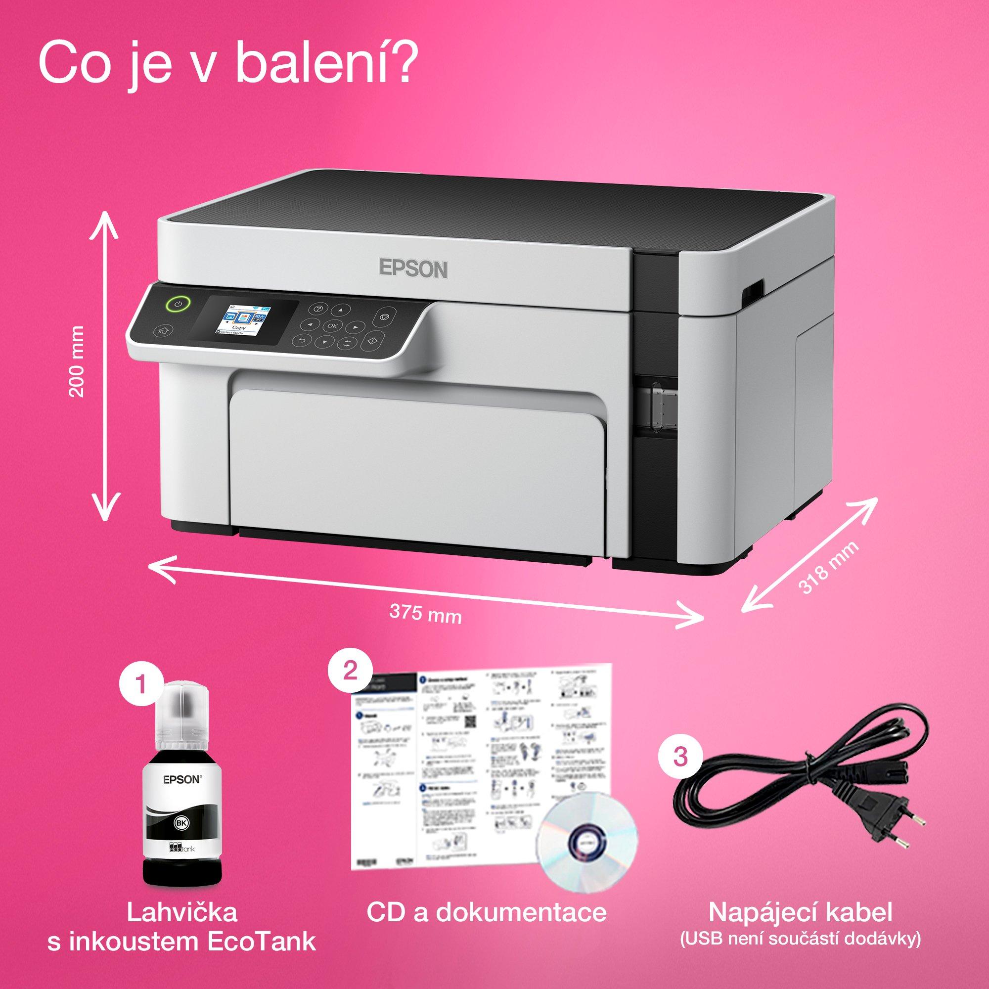 Multifunkční černobílá tiskárna EcoTank M2120 formátu A4 s inkoustovými nádržkami whats in the box