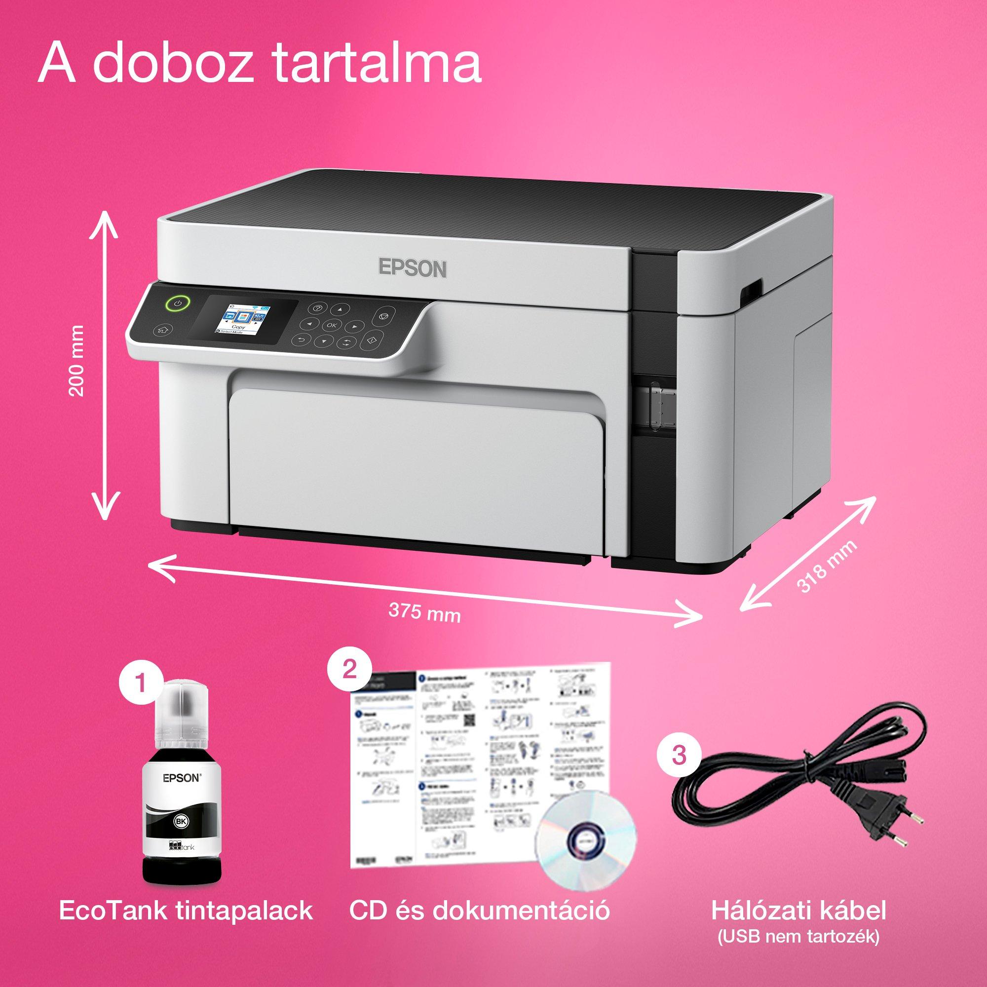EcoTank M2120 A4-es méretű, többfunkciós, Wi-Fi-s, külső tintatartályos fekete-fehér nyomtató whats in the box