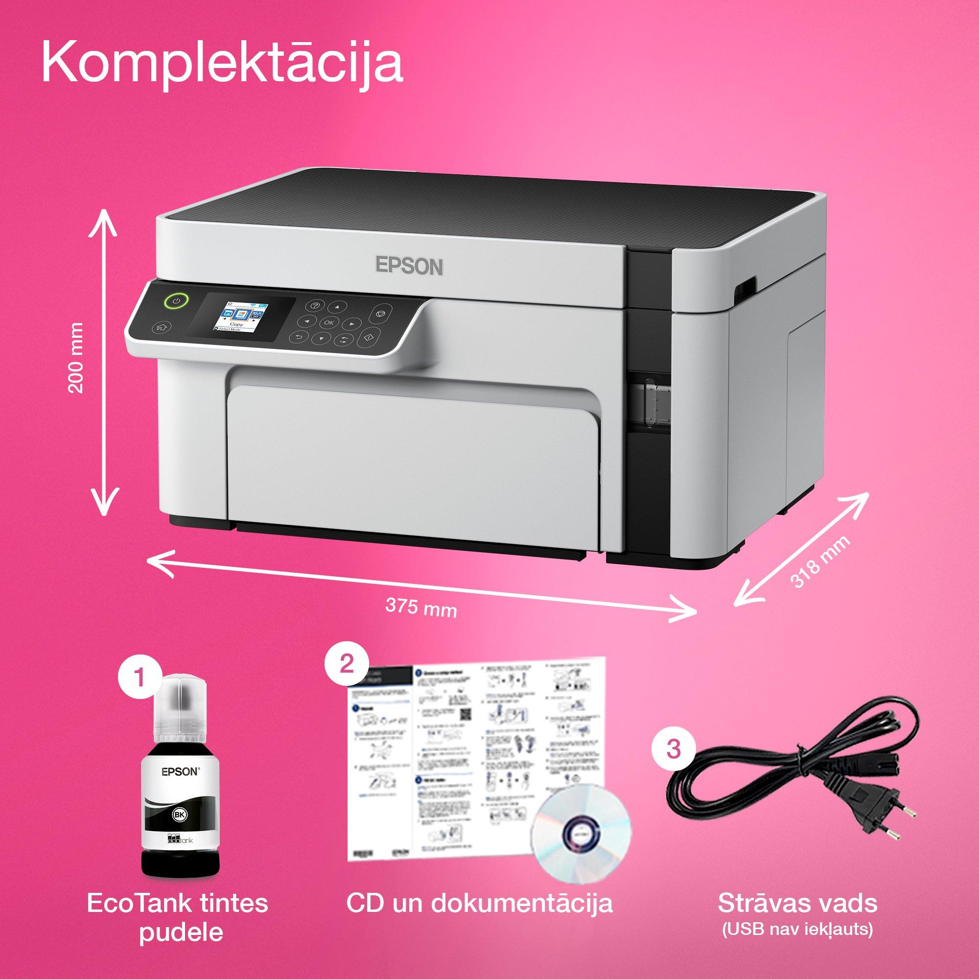 EcoTank M2120 A4 daudzfunkciju melnbalts Wi-Fi tintes tvertnes printeris whats in the box