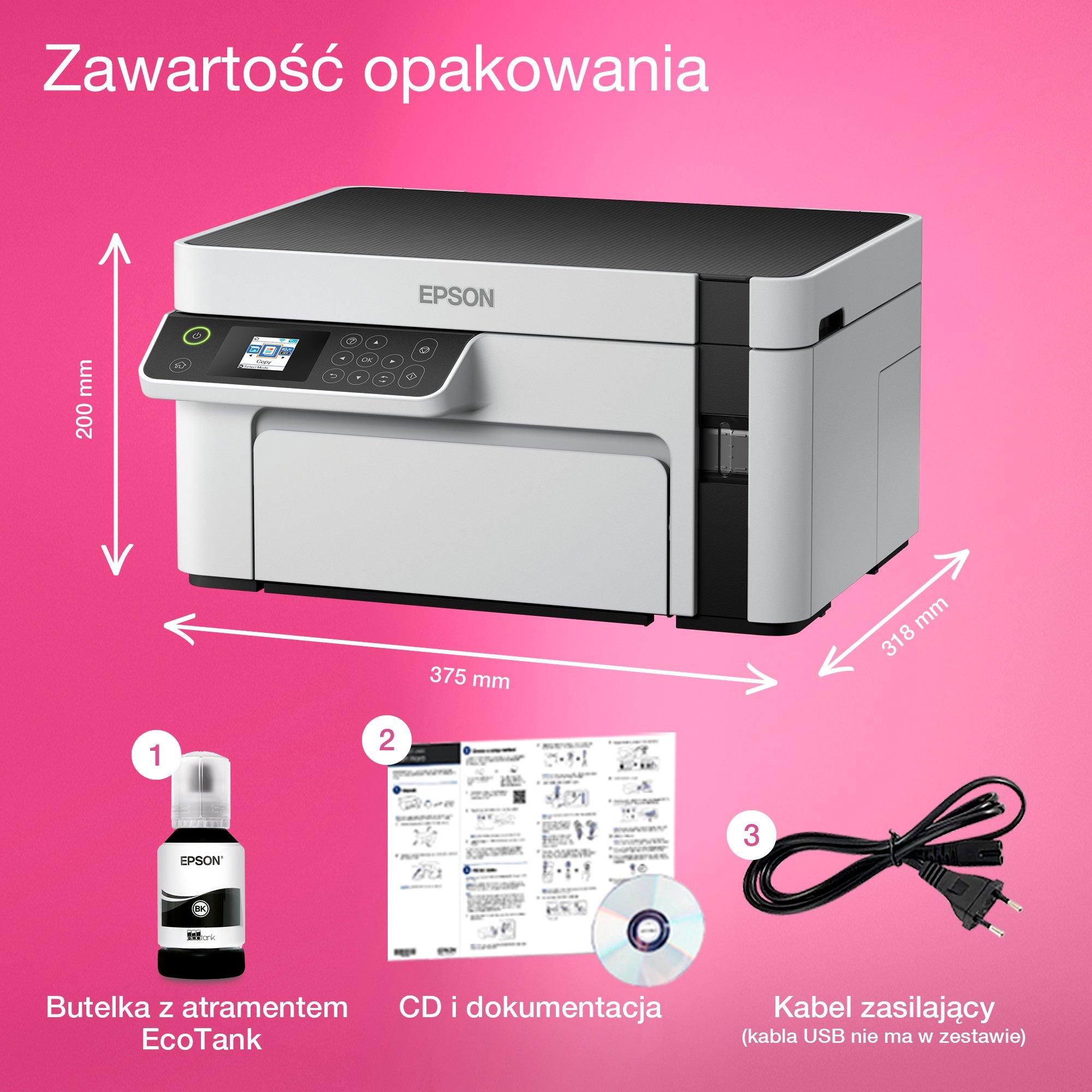 Wielofunkcyjna drukarka monochromatyczna A4 EcoTank M2120 z łącznością Wi-Fi i stałym zasilaniem w atrament whats in the box