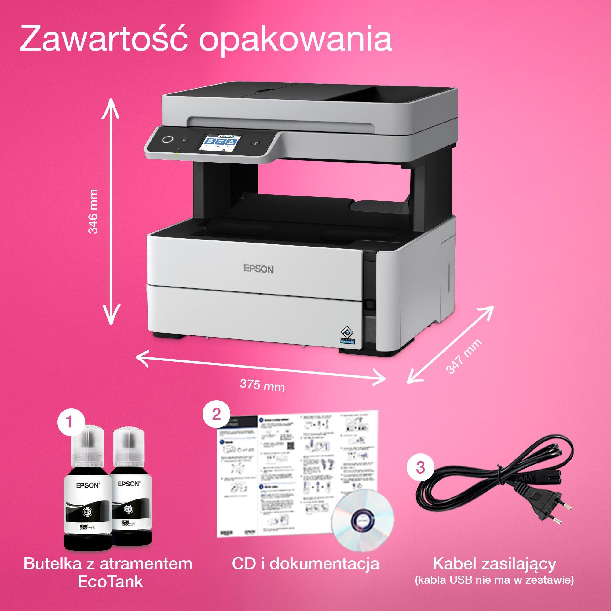 Wielofunkcyjna drukarka monochromatyczna A4 EcoTank M3170 z łącznością Wi-Fi, stałym zasilaniem w atrament i automatycznym podajnikiem dokumentów whats in the box