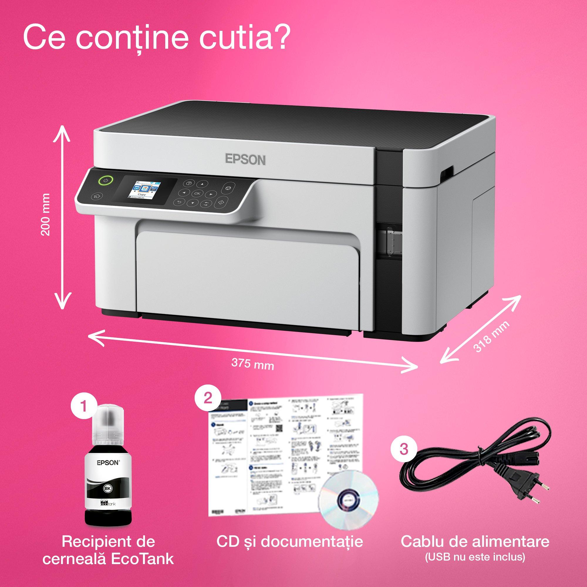 EcoTank M2120 - Multifuncțional monocrom A4 cu Wi-Fi și rezervor de cerneală whats in the box