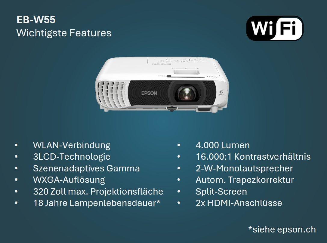 EB-W55 WXGA-Lampenprojektor, integriertes WiFi, 2x HDMI-Anschlüsse