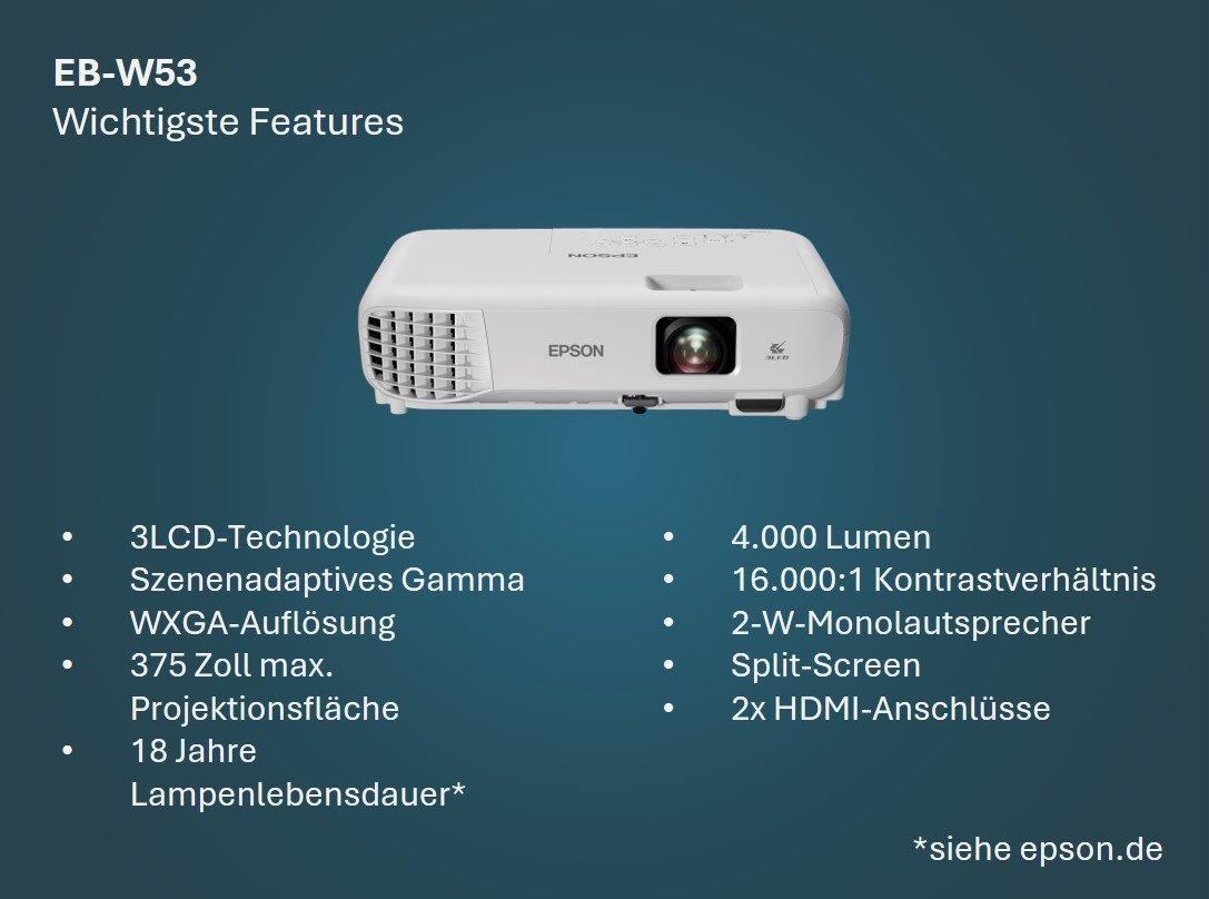 EB-W53 WXGA-Lampenprojektor, 2x HDMI-Anschlüsse, 4.000 Lumen, bis