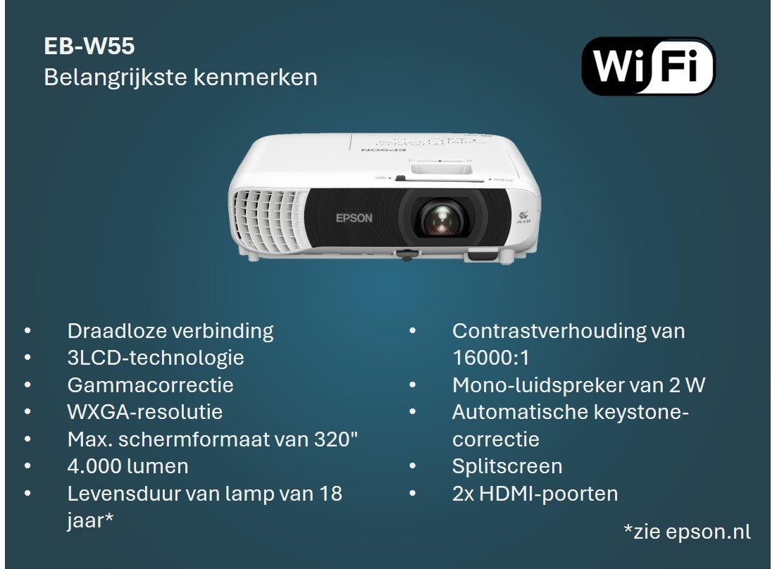 EB-W55 WXGA-lampprojector, ingebouwde wifi, 2x HDMI-poorten, 4.000