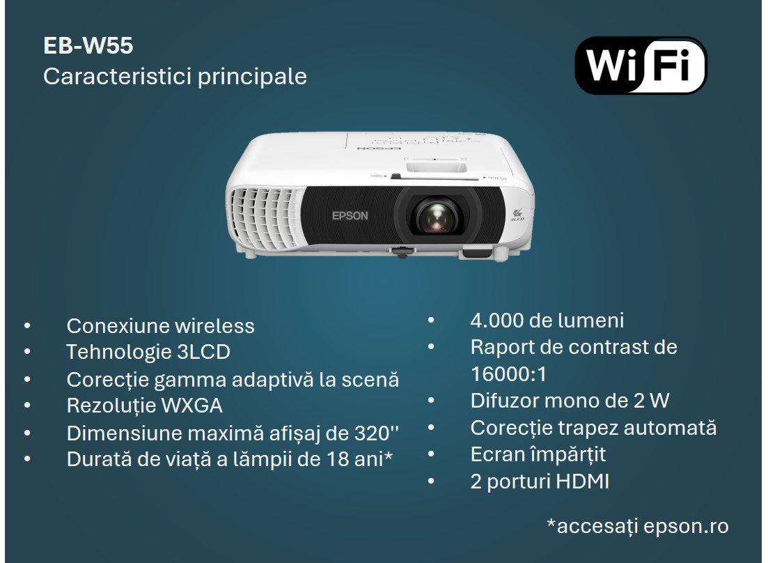 Proiector EB-W55 cu lampă WXGA, WiFi integrat, 2 porturi HDMI