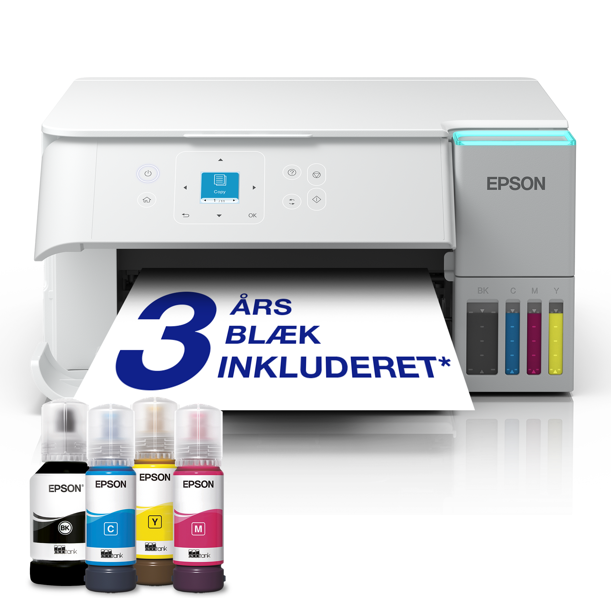 EcoTank ET-2956 hvid A4 Wi-Fi- og AirPrint-multifunktionsprinter med blækbeholder, scanning, kopiering og duplexudskrivning, inkl. blæk til ca. 3 års forbrug