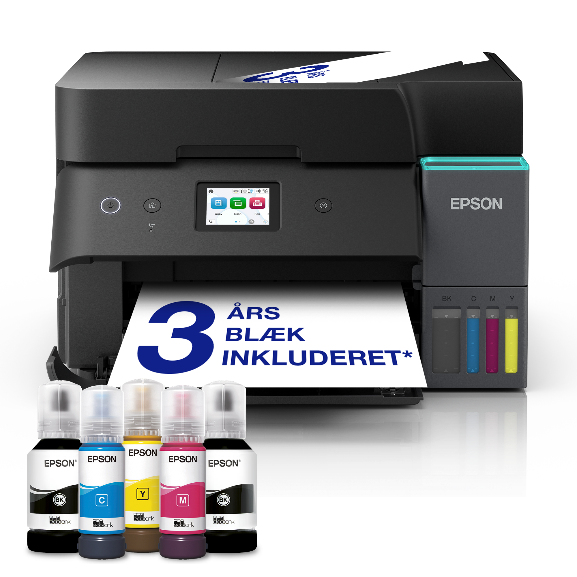 EcoTank ET-4950 A4 Wi-Fi- og AirPrint-multifunktionsprinter med blækbeholder, ADF, duplexudskrivning, kopiering og fax, inkl. blæk til ca. 3 års forbrug