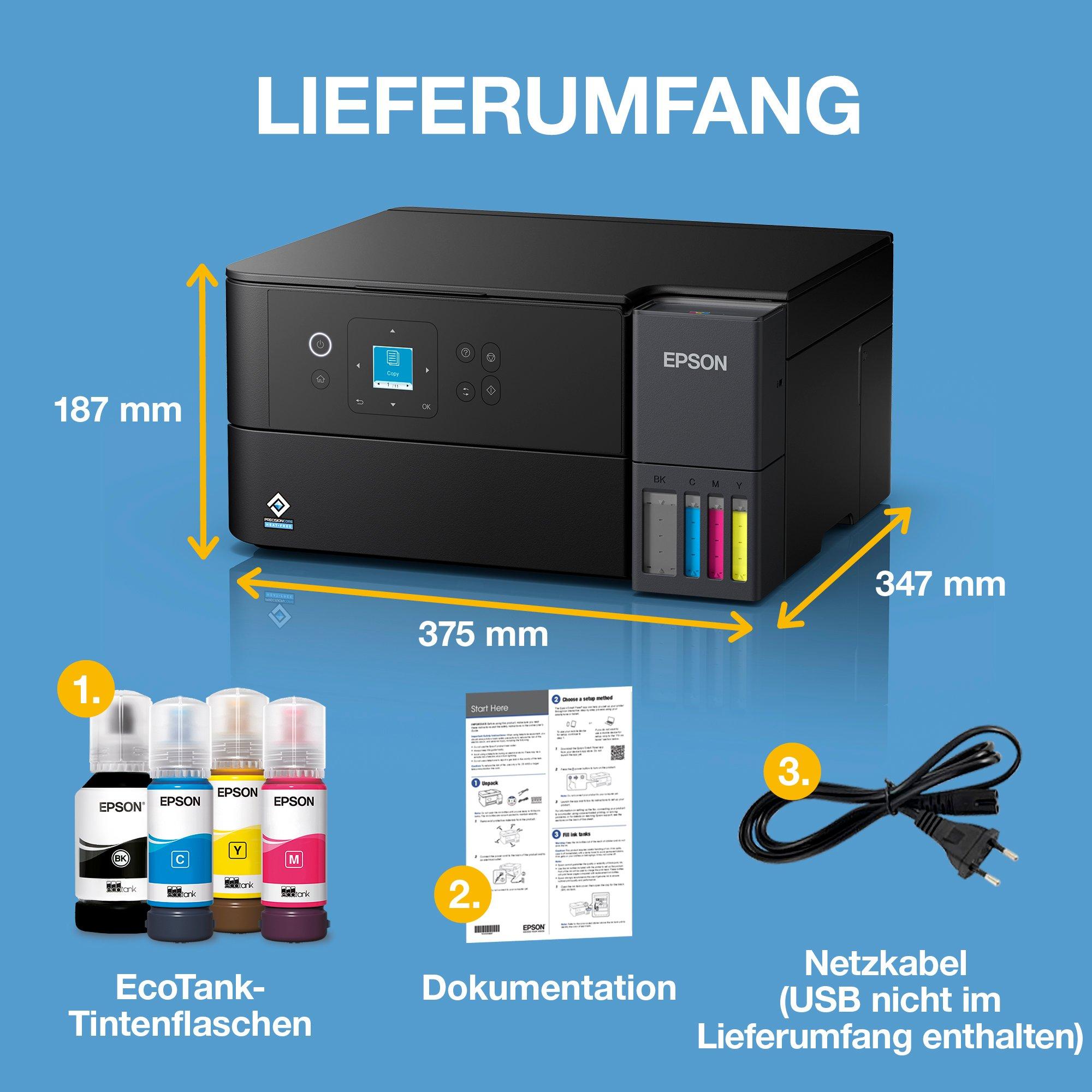 EcoTank ET-2950 A4 Multifunktionsdrucker mit Wi-Fi &amp; AirPrint Tintentank, Scannen, Kopieren und beidseitigem Druck, bis zu 3 Jahre Tinte im Lieferumfang enthalten whats in the box