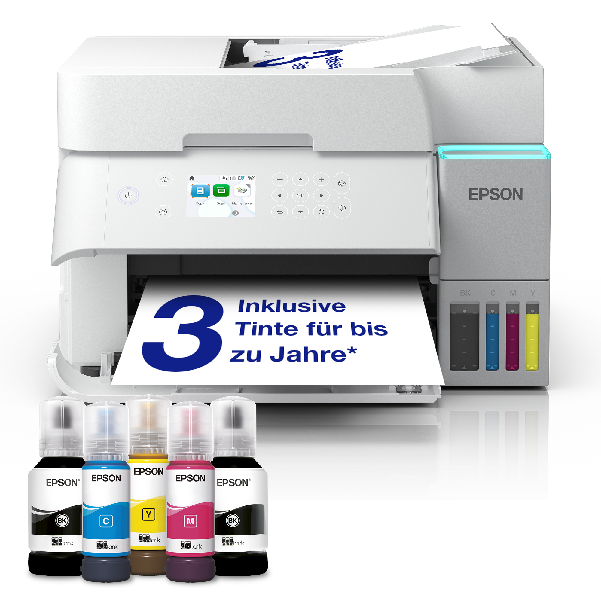 EcoTank ET-3956 Weißer A4-Multifunktionsdrucker mit Wi-Fi & AirPrint Tintentank, automatischem Dokumenteneinzug, Duplexdruck, Scannen & Kopieren, bis zu 3 Jahre Tinte im Lieferumfang enthalten