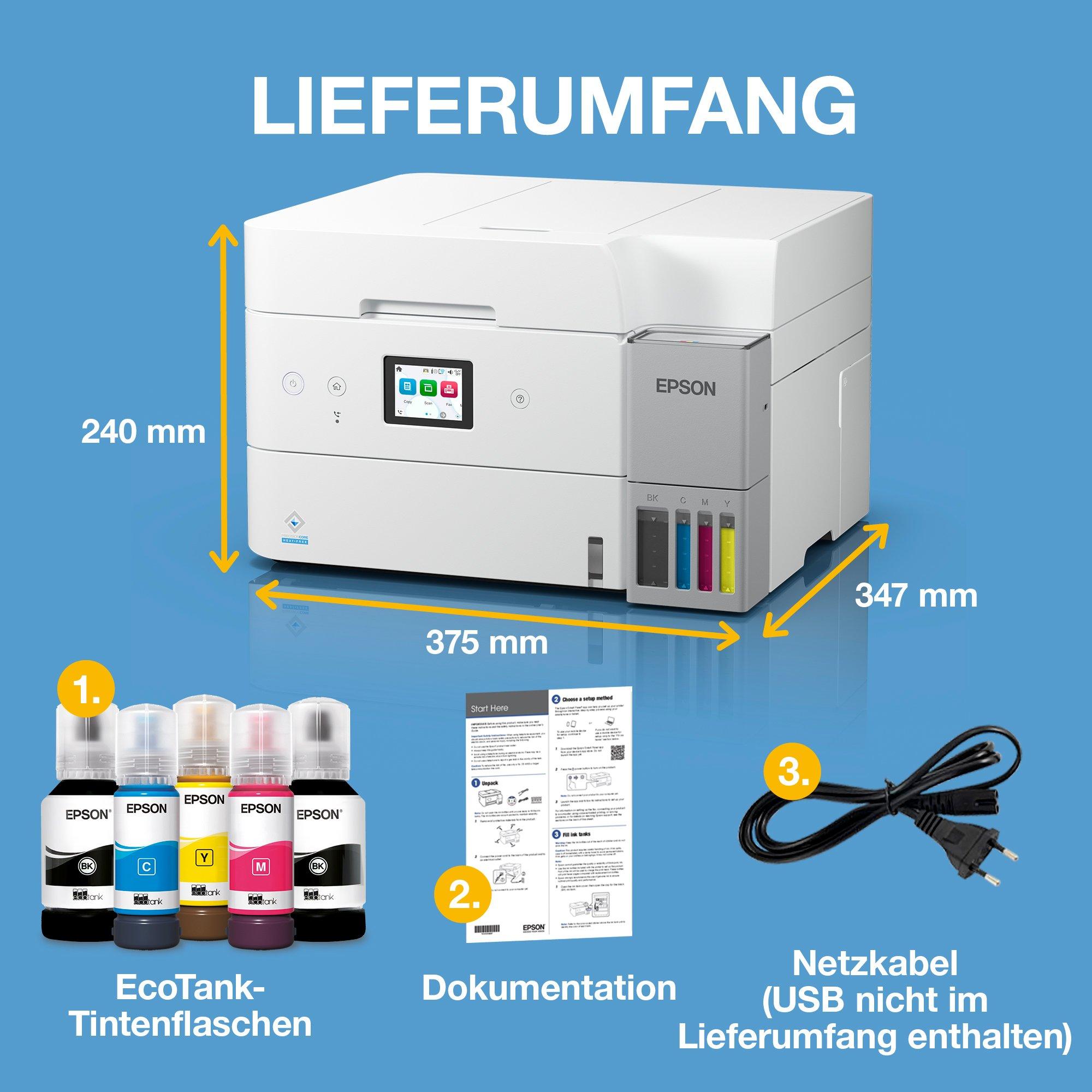EcoTank ET-4956 Weißer A4-Multifunktionsdrucker mit Wi-Fi &amp; AirPrint Tintentank, automatischem Dokumenteneinzug, Duplexdruck, Scannen, Kopieren &amp; Fax, bis zu 3 Jahre Tinte im Lieferumfang enthalten whats in the box