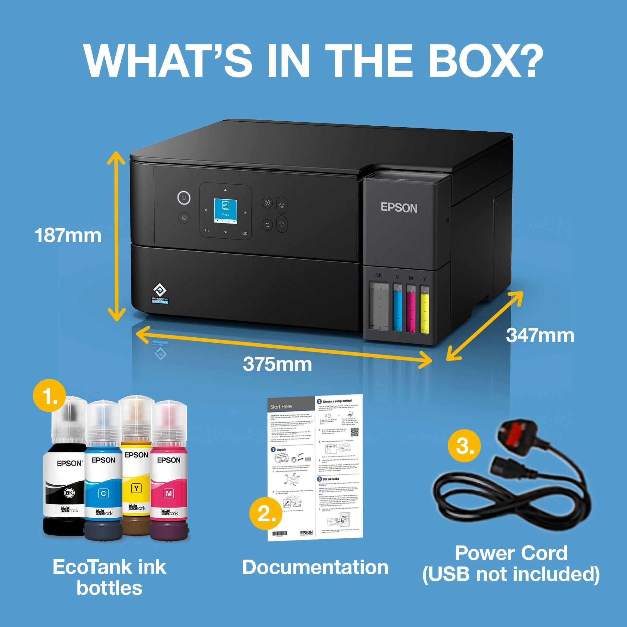 EcoTank ET-2950 A4 Multifunction Wi-Fi Ink Tank Printer, With Up To 3 Years Of Ink Included whats in the box