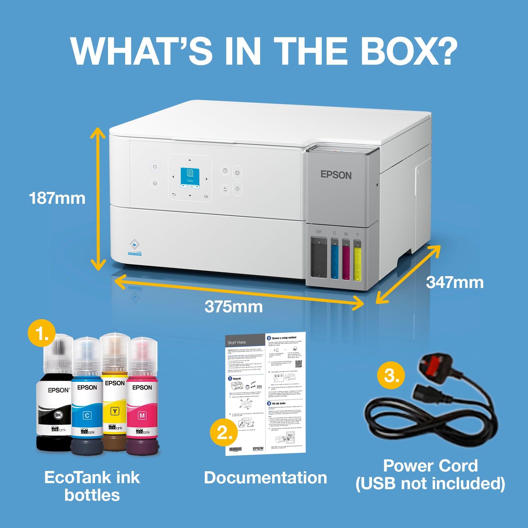 EcoTank ET-2956 White A4 Multifunction Wi-Fi Ink Tank Printer, With Up To 3 Years Of Ink Included whats in the box