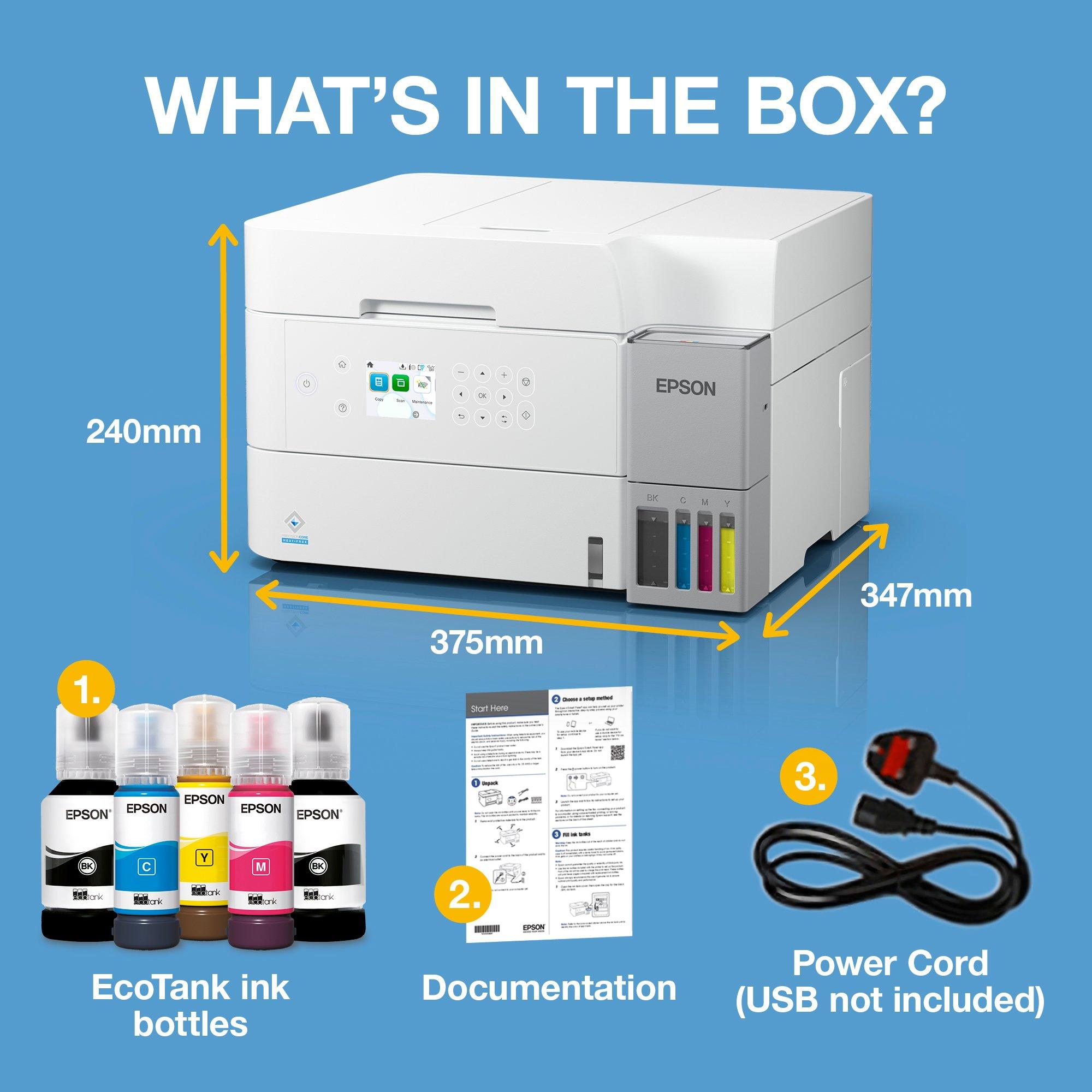 EcoTank ET-3956 White A4 Multifunction Wi-Fi Ink Tank Printer, With Up To 3 Years Of Ink Included whats in the box