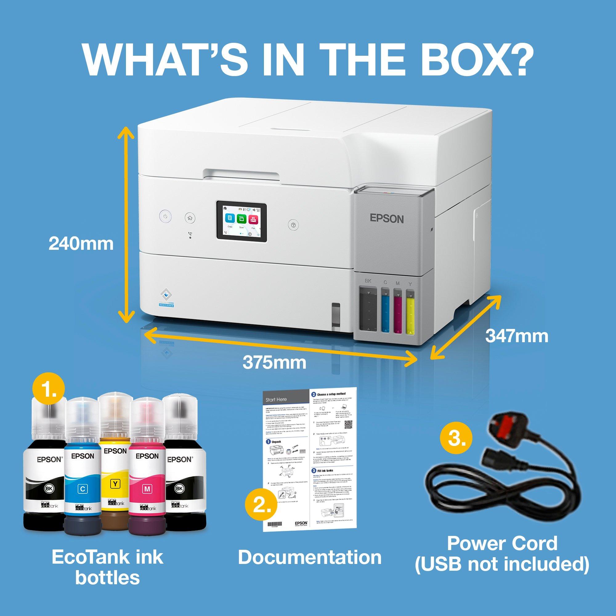 EcoTank ET-4956 White A4 Multifunction Wi-Fi Ink Tank Printer, With Up To 3 Years Of Ink Included whats in the box