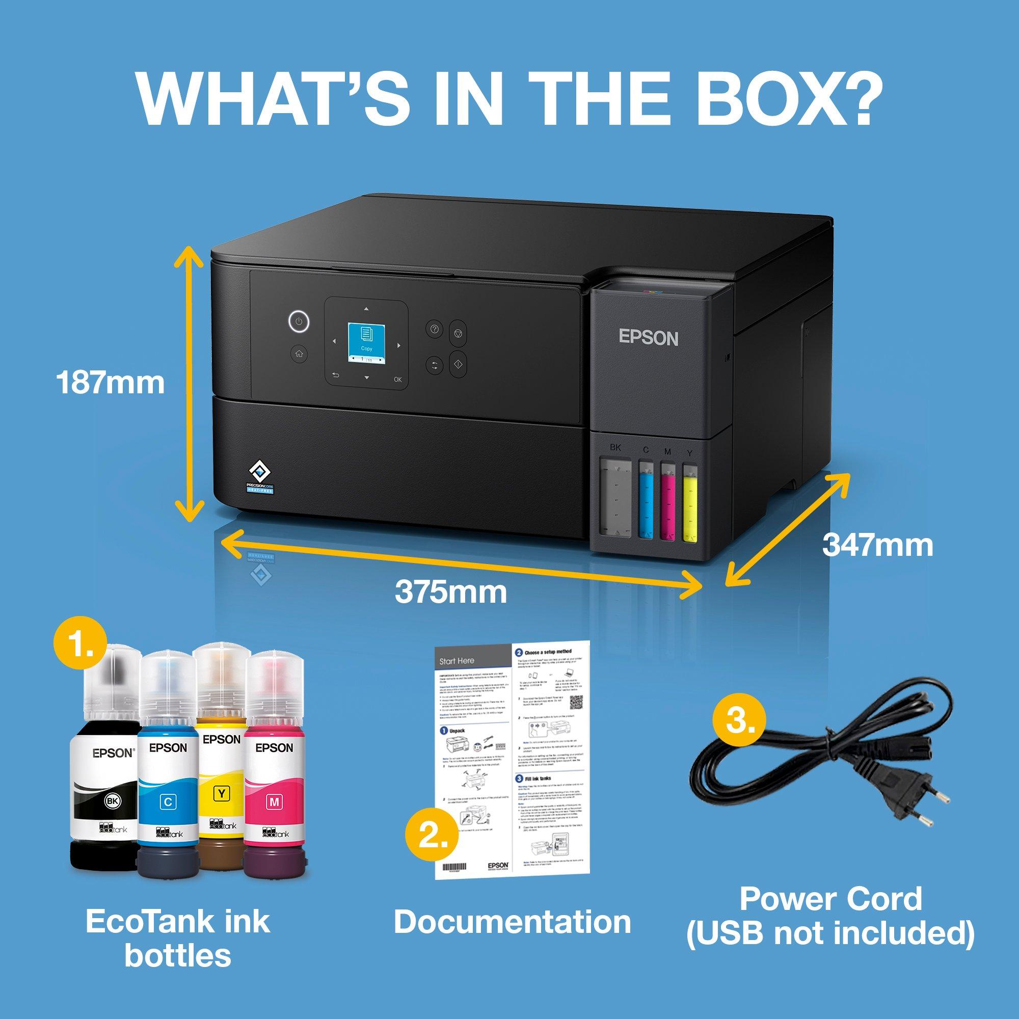 EcoTank ET-2951 A4 Multifunction Wi-Fi Ink Tank Printer, With Up To 3 Years Of Ink Included whats in the box