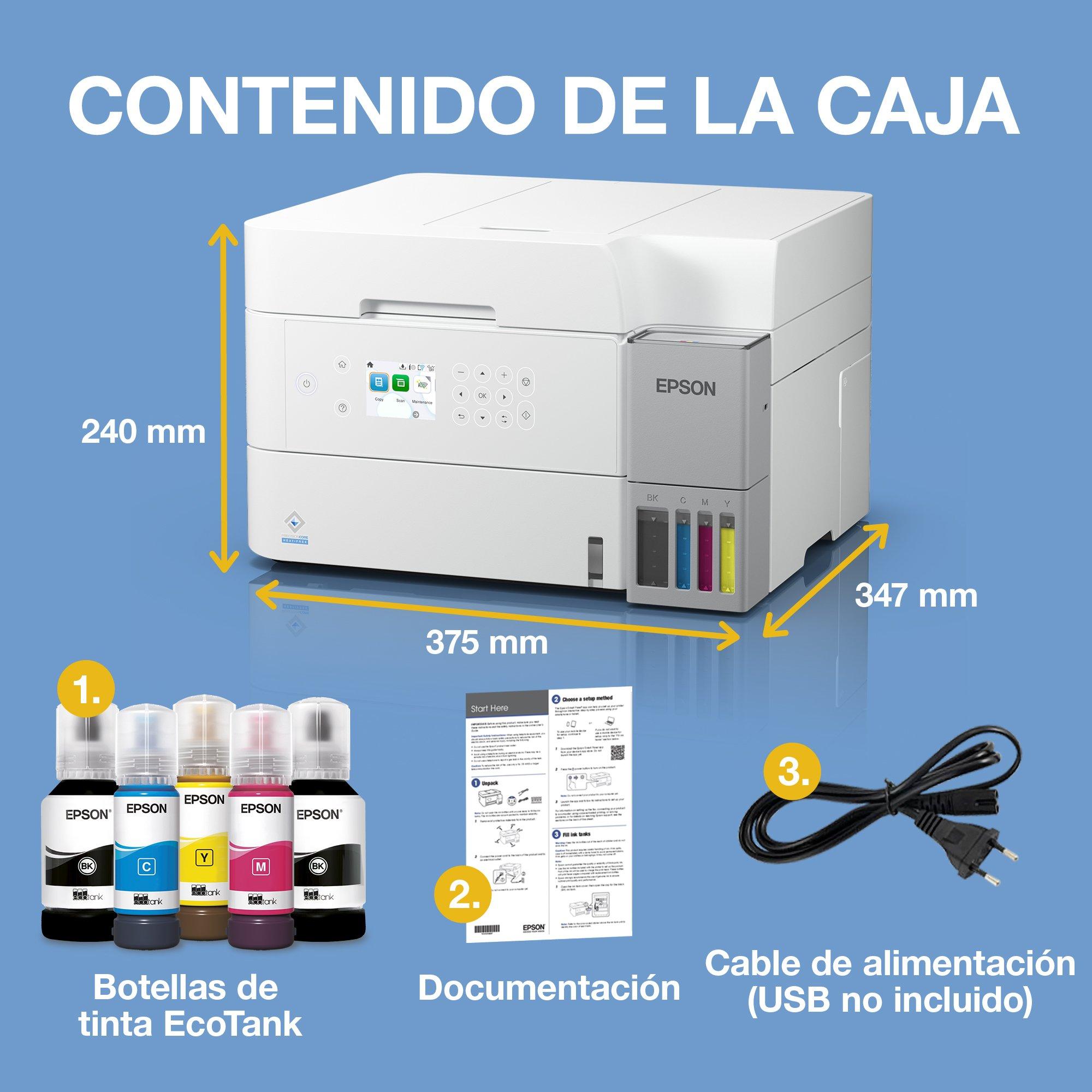 Impresora multifunción EcoTank ET-3956 blanca A4 con depósito de tinta, conexión Wi-Fi, ADF, impresión dúplex, escaneado, copia y tinta incluida para hasta 3 años whats in the box