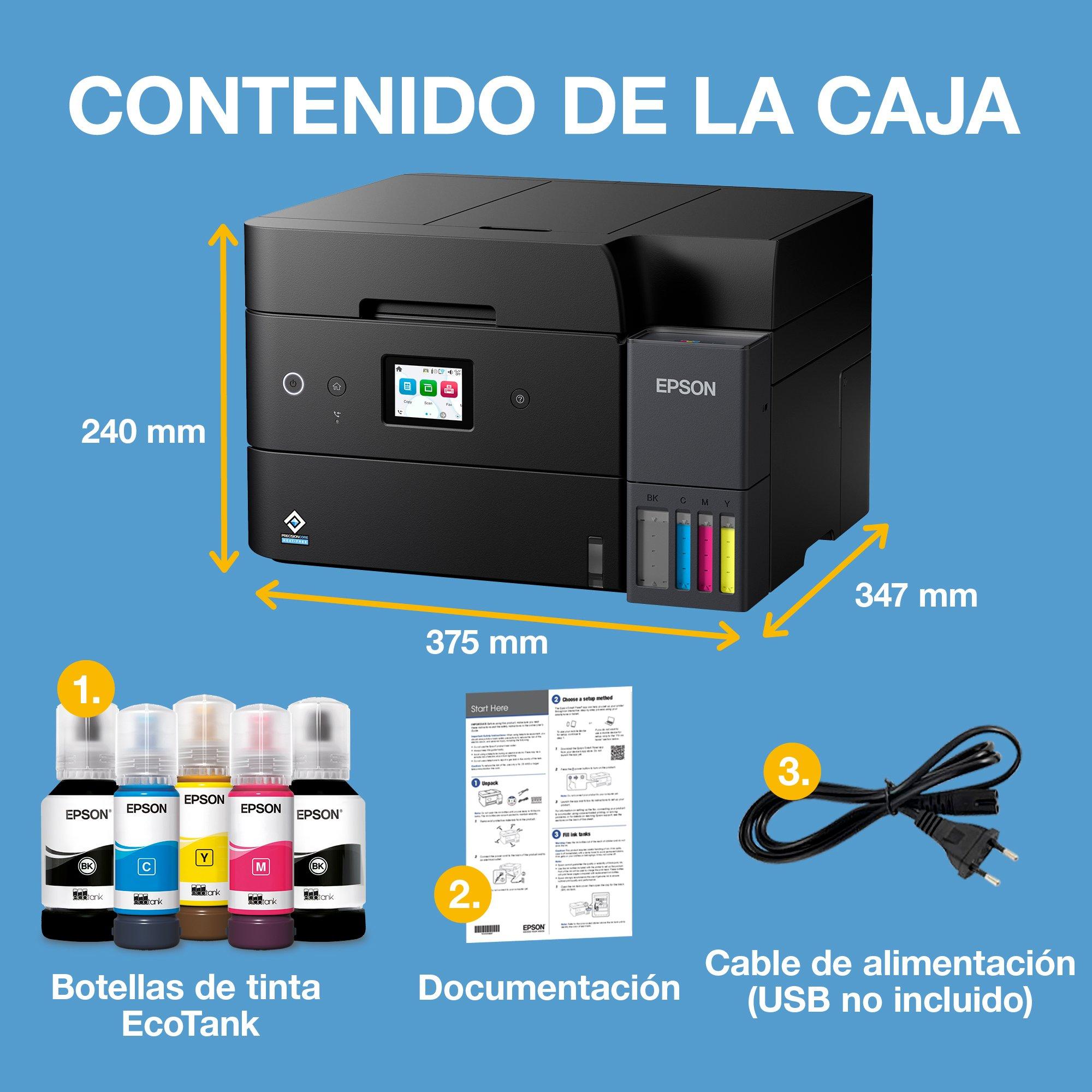 Impresora multifunción EcoTank ET-4950 A4 con depósito de tinta, conexión Wi-Fi, ADF, impresión dúplex, escaneado, copia, fax y tinta incluida para hasta 3 años whats in the box