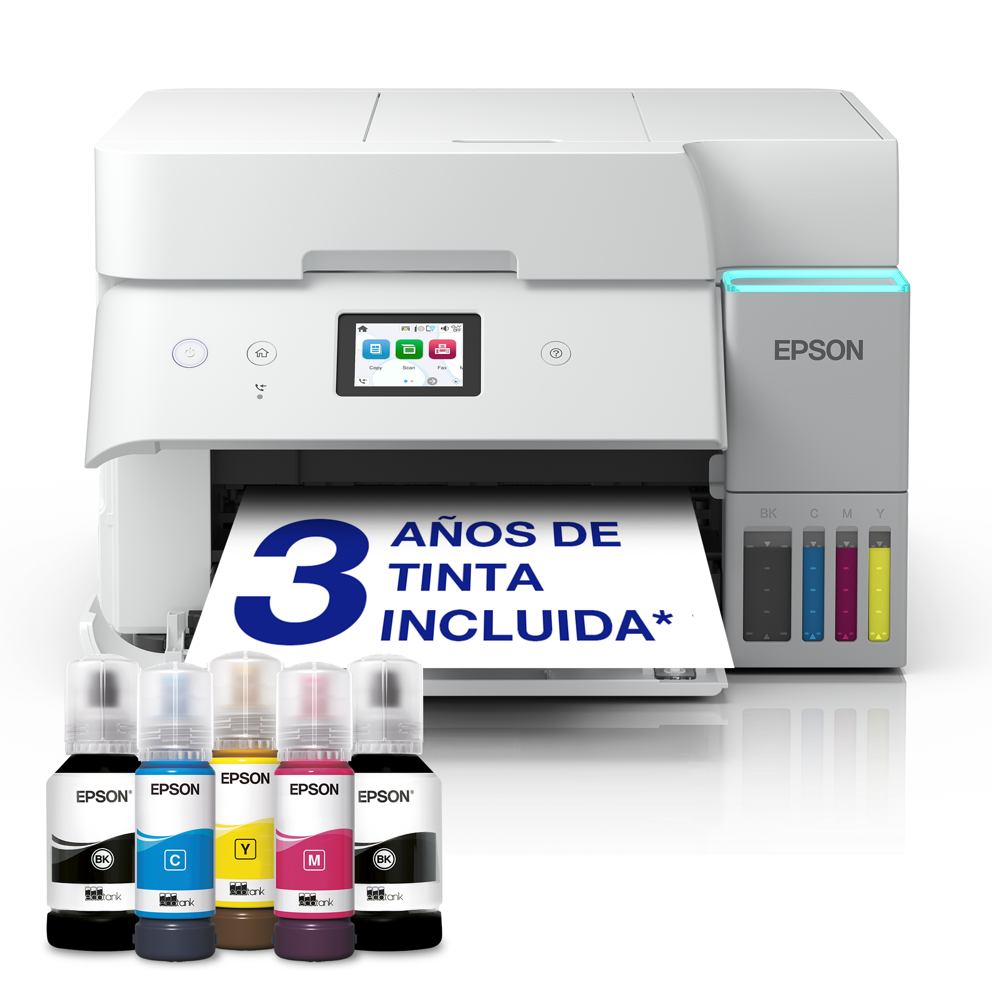 Impresora multifunción EcoTank ET-4956 blanca A4 con depósito de tinta, conexión Wi-Fi, ADF, impresión dúplex, escaneado, copia, fax y tinta incluida para hasta 3 años