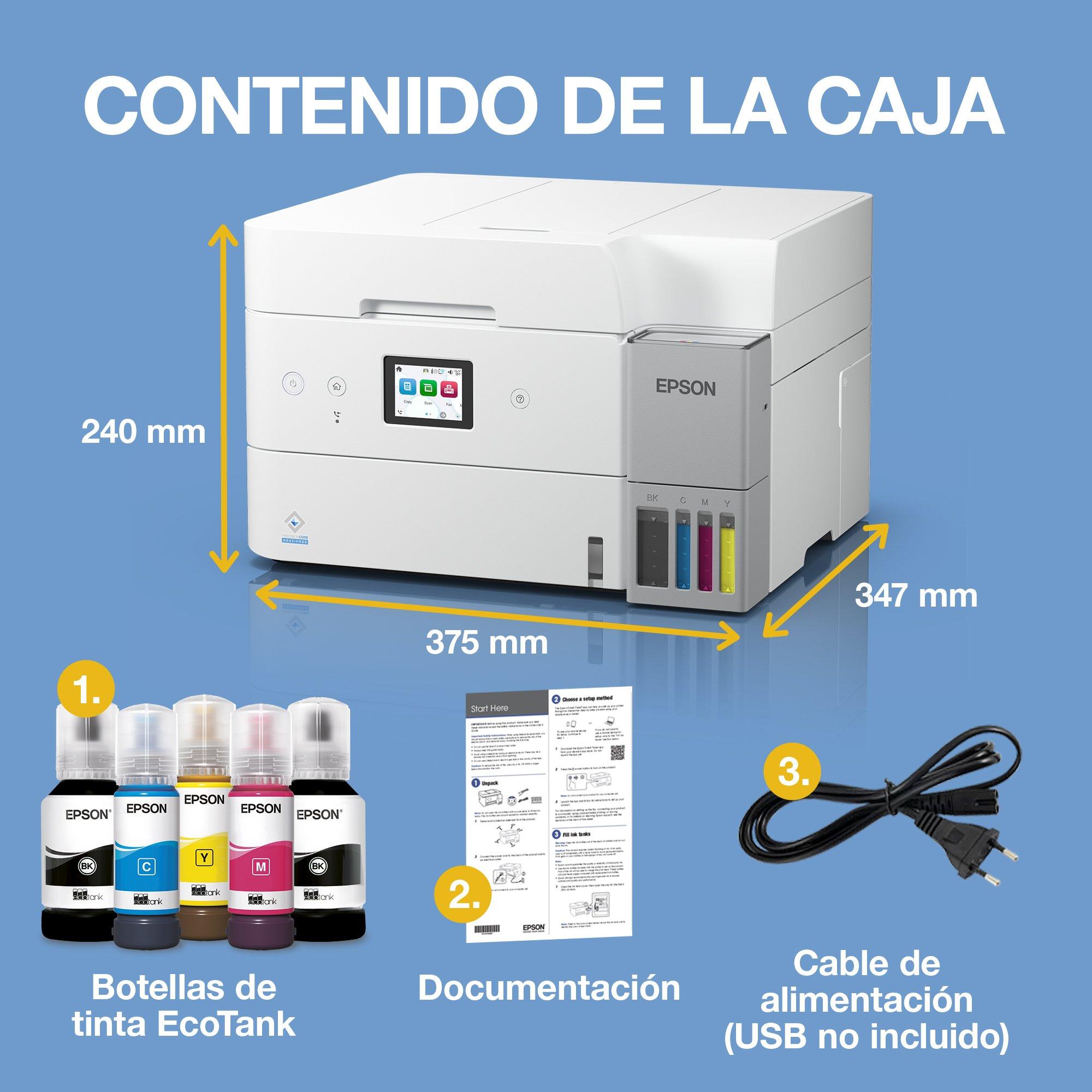 Impresora multifunción EcoTank ET-4956 blanca A4 con depósito de tinta, conexión Wi-Fi, ADF, impresión dúplex, escaneado, copia, fax y tinta incluida para hasta 3 años whats in the box