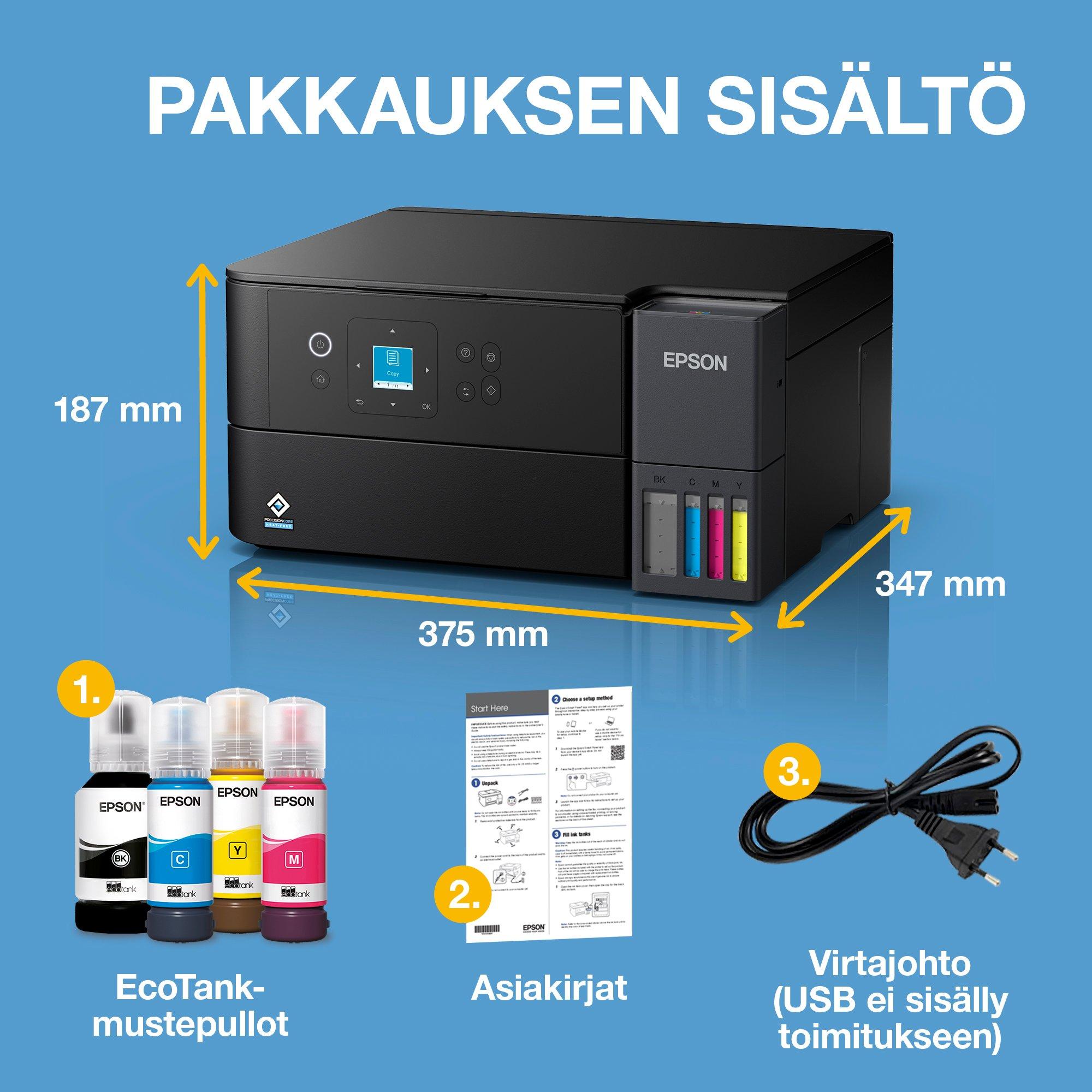 EcoTank ET-2950 A4 -monitoimimustesäiliötulostin Wi-Fi- ja AirPrint-ominaisuudella sekä skannaus, kopiointi ja kaksipuolinen tulostus, mukana jopa 3 vuoden musteet whats in the box