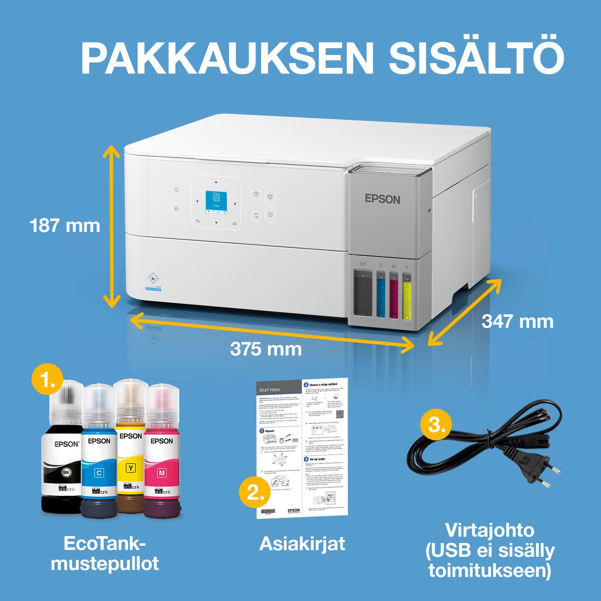 EcoTank ET-2956 Valkoinen A4 -monitoimimustesäiliötulostin Wi-Fi- ja AirPrint-ominaisuudella sekä skannaus, kopiointi ja kaksipuolinen tulostus, mukana jopa 3 vuoden musteet whats in the box