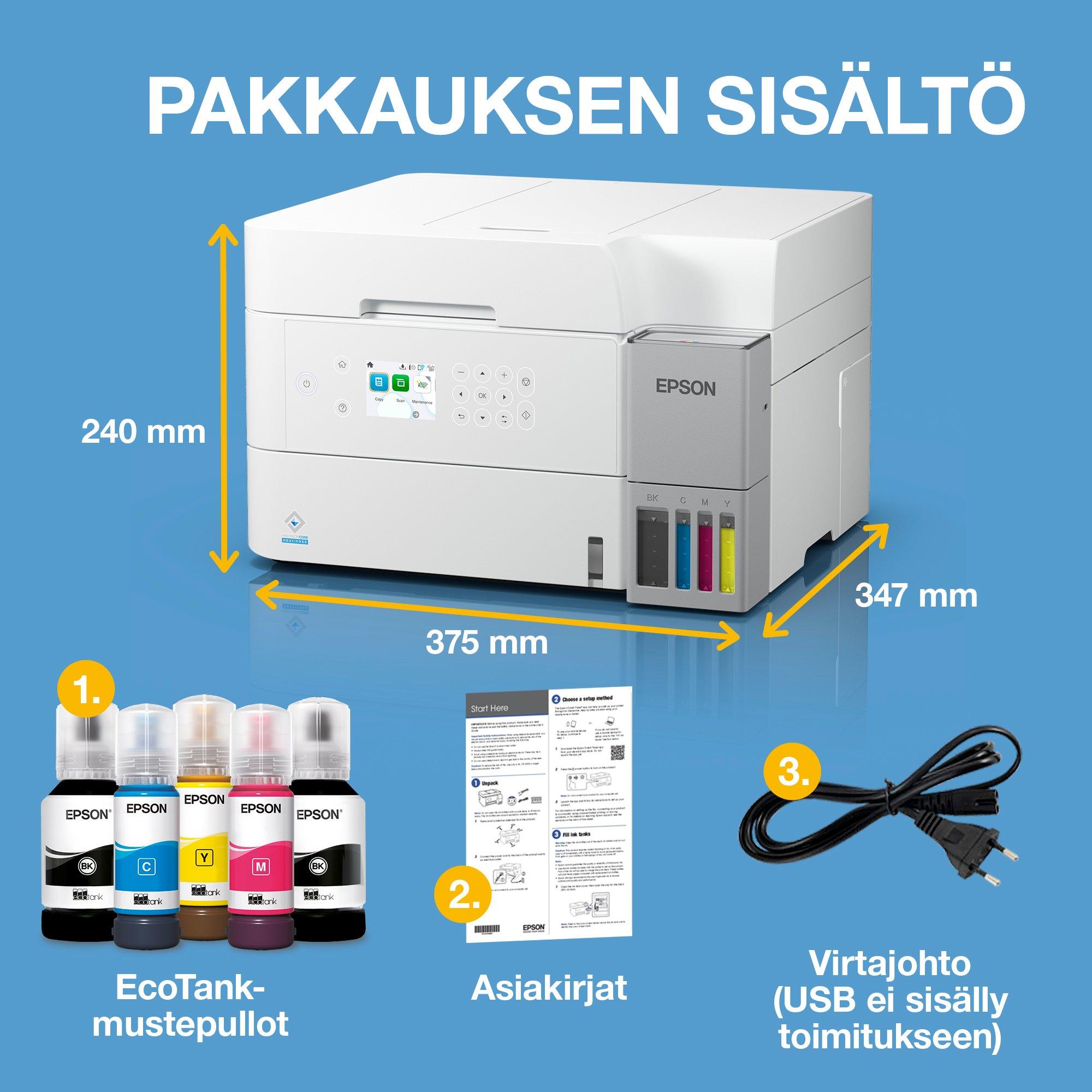 EcoTank ET-3956 -A4-monitoimimustesäiliötulostin, valkoinen, Wi-Fi ja AirPrint, automaattinen arkinsyöttölaite, kaksipuolinen tulostus, skannaus ja kopiointi, mukana jopa 3 vuoden musteet whats in the box