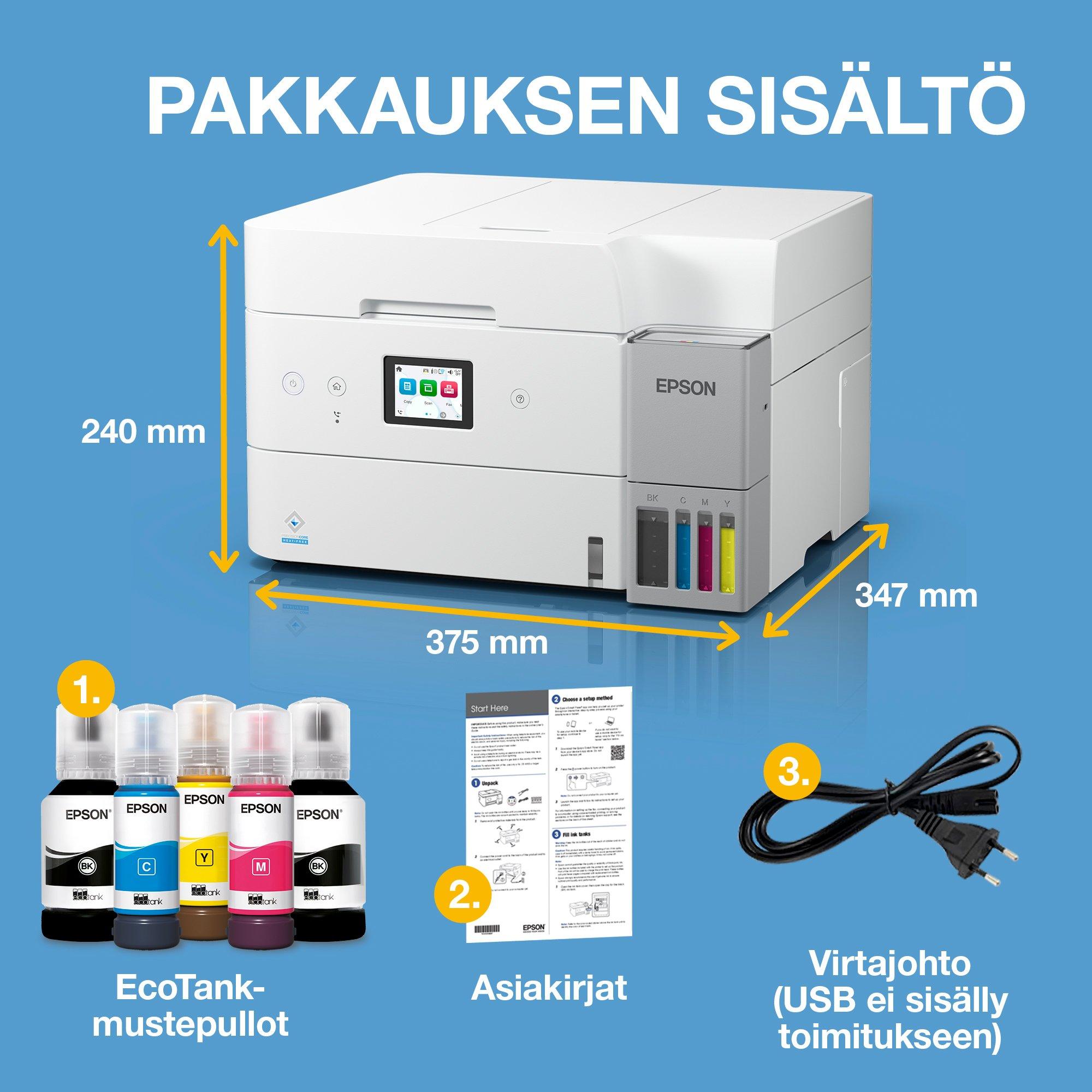 EcoTank ET-4956 -A4-monitoimimustesäiliötulostin, valkoinen, Wi-Fi ja AirPrint, automaattinen arkinsyöttölaite, kaksipuolinen tulostus, skannaus, kopiointi ja faksi, mukana jopa 3 vuoden musteet whats in the box