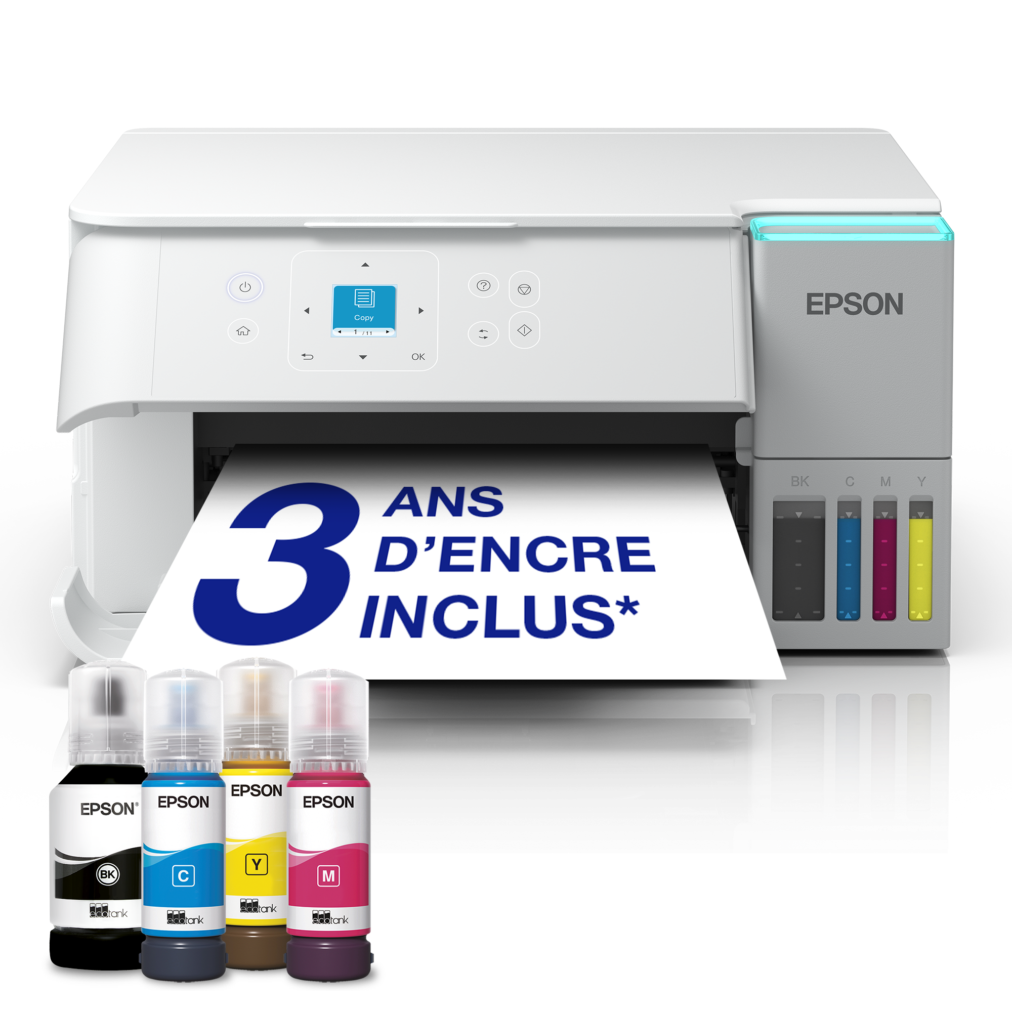Solution d’impression A4 blanche EcoTank ET-2956 équipée d’une connexion Wi-Fi et de réservoirs d’encre, avec jusqu’à 3 ans d’encre inclus