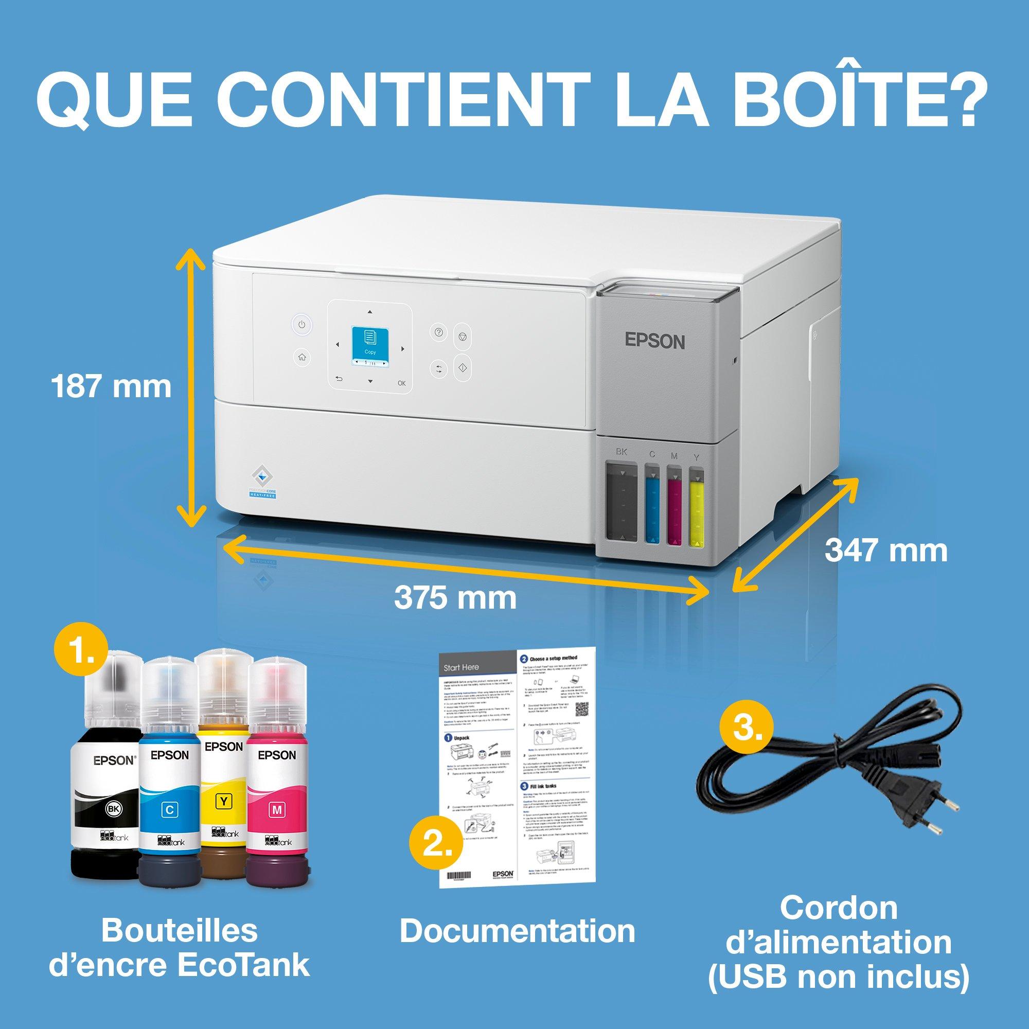Solution d’impression A4 blanche EcoTank ET-2956  équipée d’une connexion Wi-Fi et de réservoirs d’encre AirPrint avec numérisation, copie et impression recto verso et jusqu’à 3 ans d’encre inclus whats in the box