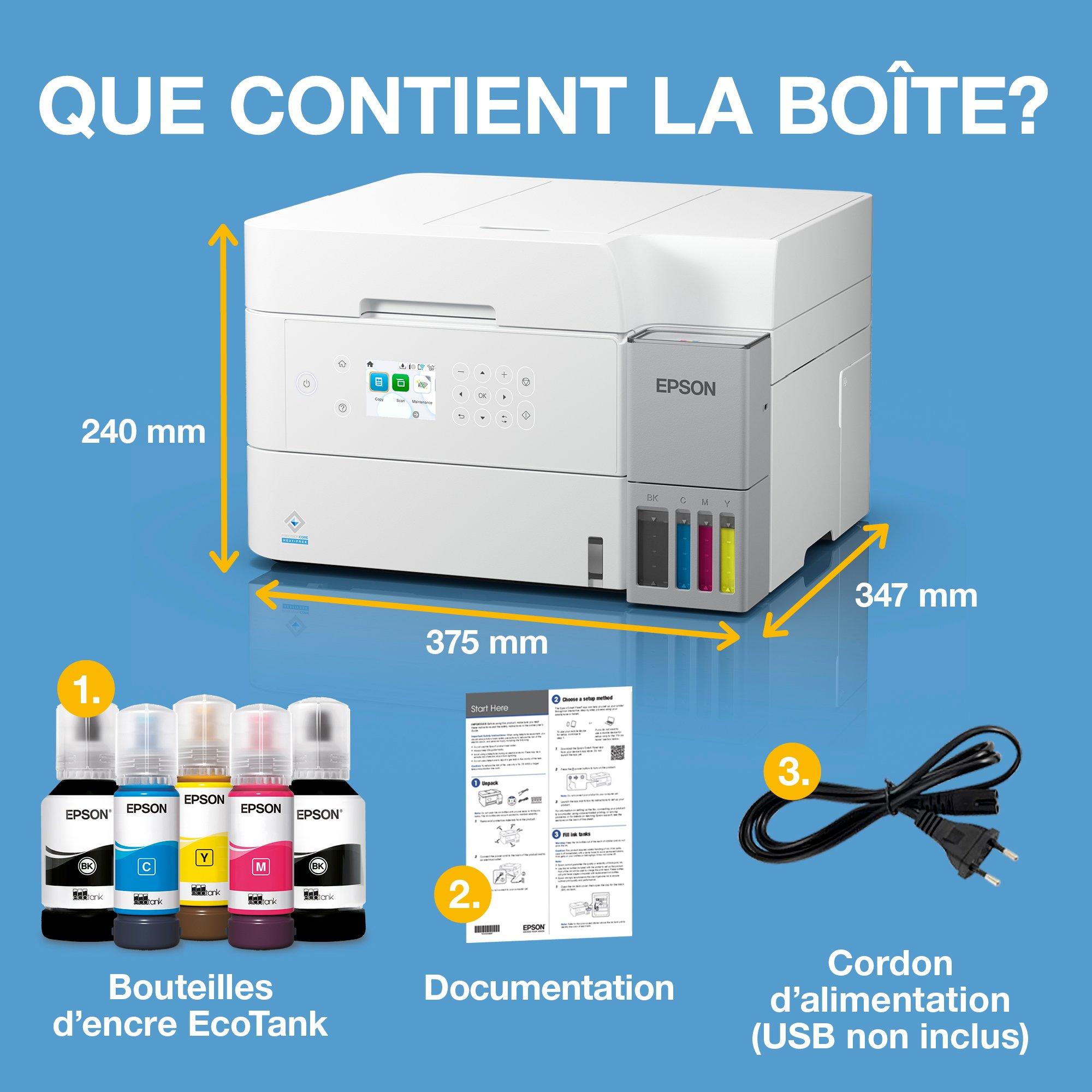 Solution d’impression A4 blanche EcoTank ET-3956 avec Wi-Fi, réservoirs d’encre AirPrint, chargeur de documents, impression, numérisation et copie recto verso + jusqu’à 3 ans d’encre inclus whats in the box