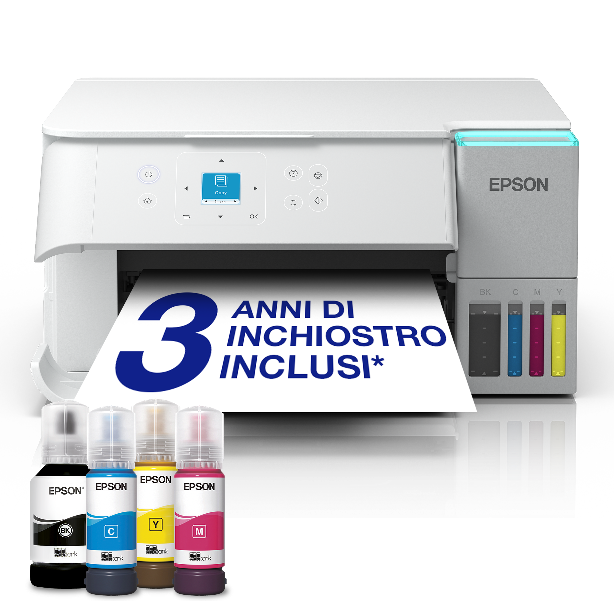 EcoTank ET-2956 Stampante bianca multifunzione A4 Wi-Fi con serbatoi di inchiostro AirPrint con scansione, copia e stampa fronte/retro, fino a 3 anni di inchiostro inclusi
