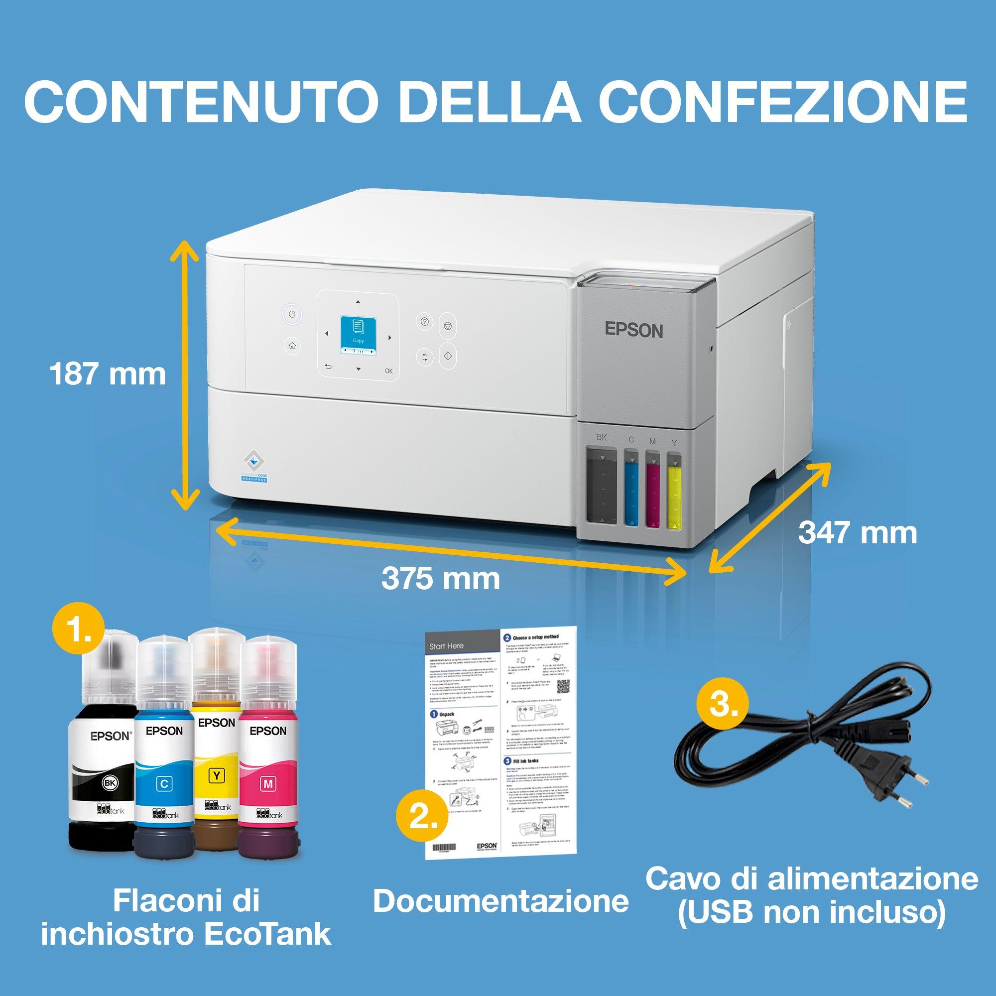EcoTank ET-2956 Stampante bianca multifunzione A4 Wi-Fi con serbatoi di inchiostro AirPrint con scansione, copia e stampa fronte/retro, fino a 3 anni di inchiostro inclusi whats in the box