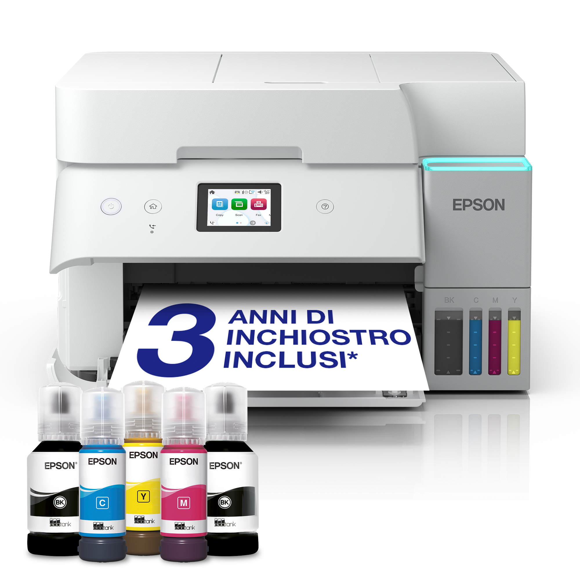 EcoTank ET-4956 Stampante bianca multifunzione A4 Wi-Fi con serbatoi di inchiostro AirPrint, ADF, stampa fronte/retro, scansione, copia e fax, fino a 3 anni di inchiostro inclusi
