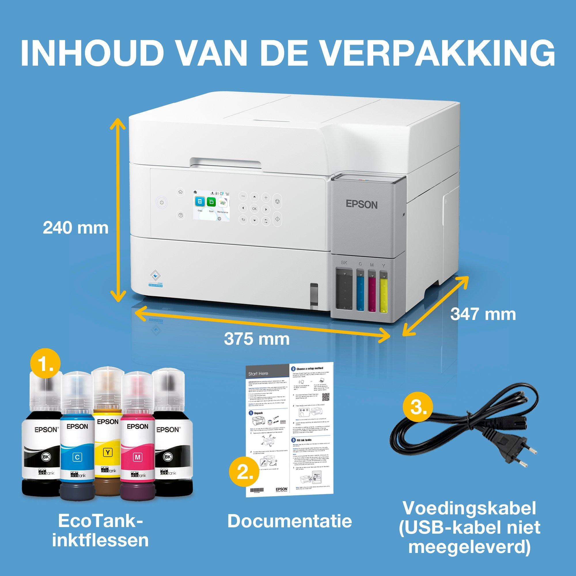 EcoTank ET-3956 witte multifunctionele A4-printer met inkttank, Wi-Fi, AirPrint en ADF, dubbelzijdig printen, scannen en kopiëren, tot 3 jaar inkt inbegrepen whats in the box