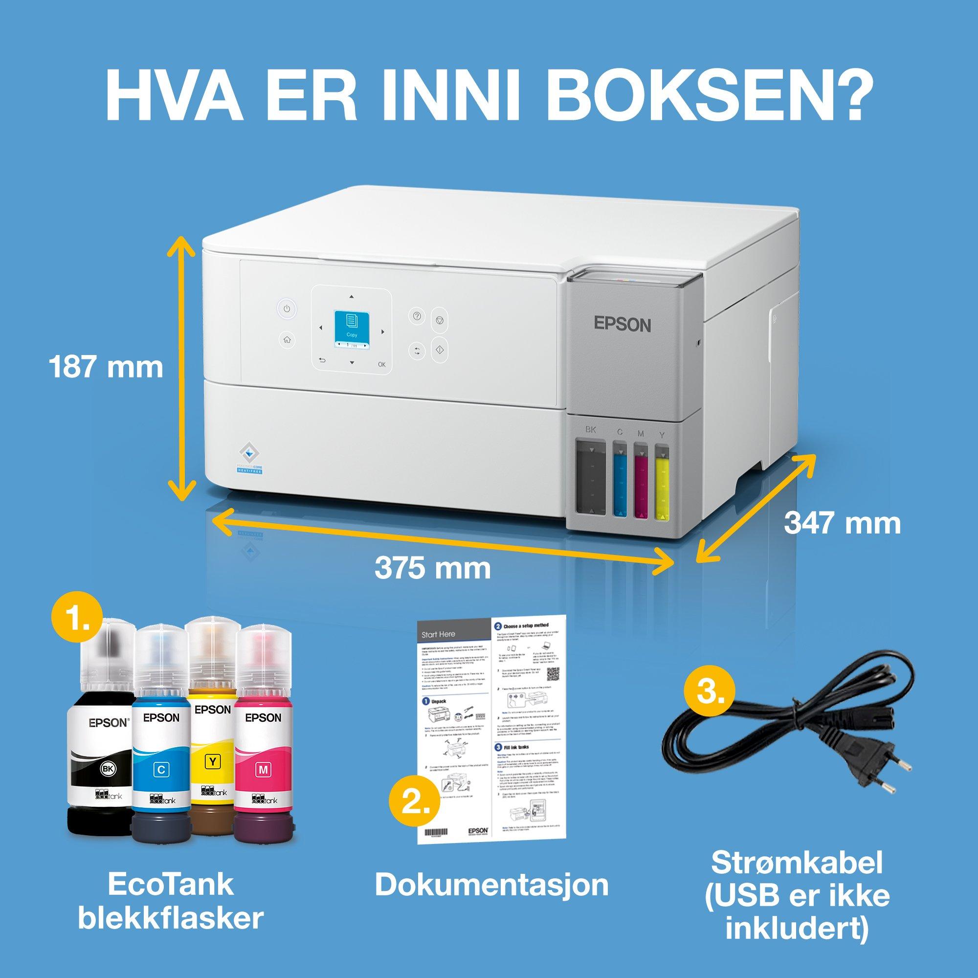 EcoTank ET-2956 hvit A4 flerfunksjonell Wi-Fi- og AirPrint-blekktankskriver med skann, kopier og tosidig utskrift, opptil tre års blekk inkludert whats in the box