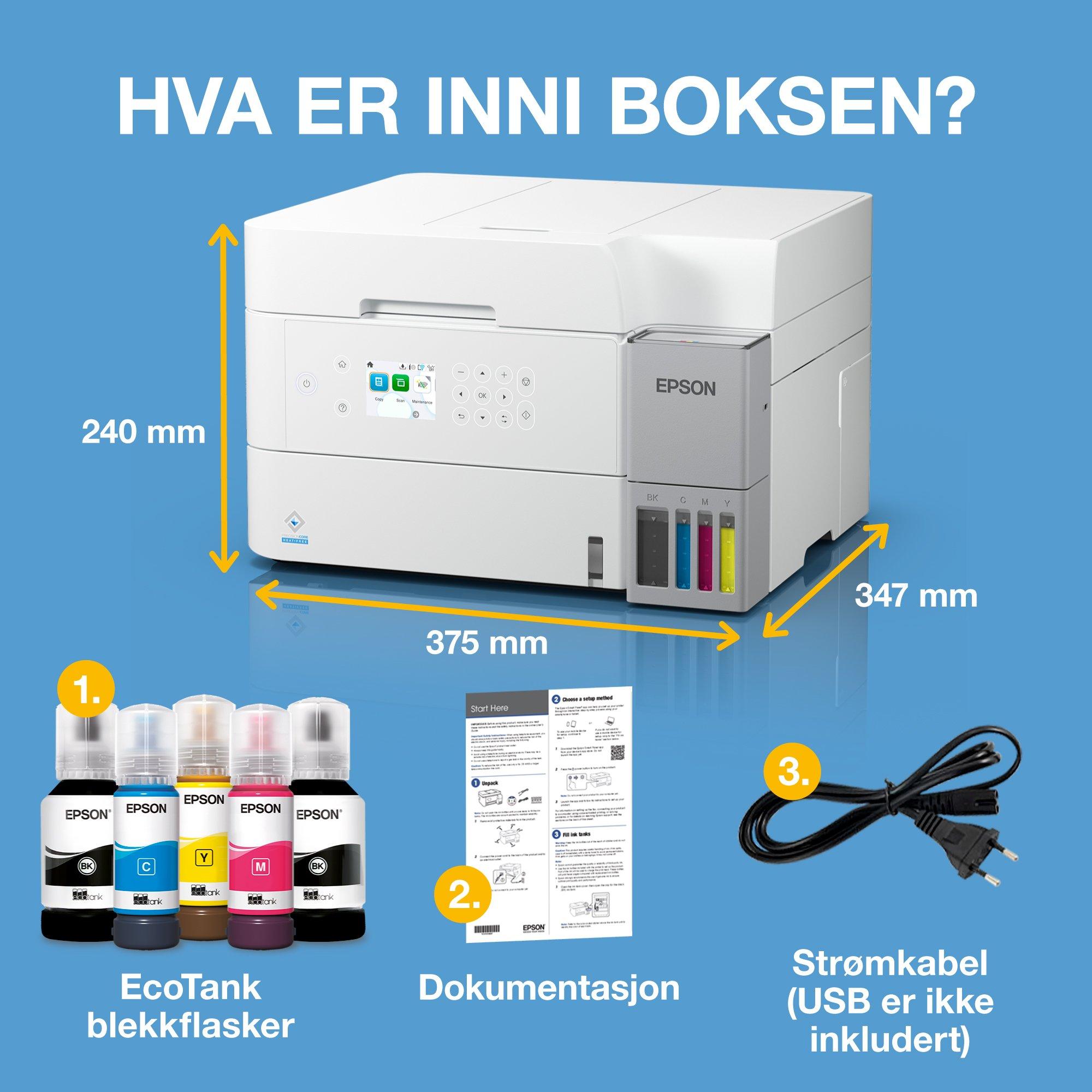 EcoTank ET-3956 hvit, flerfunksjonell A4-Wi-Fi-blekktankskriver med opptil tre års blekk inkludert whats in the box