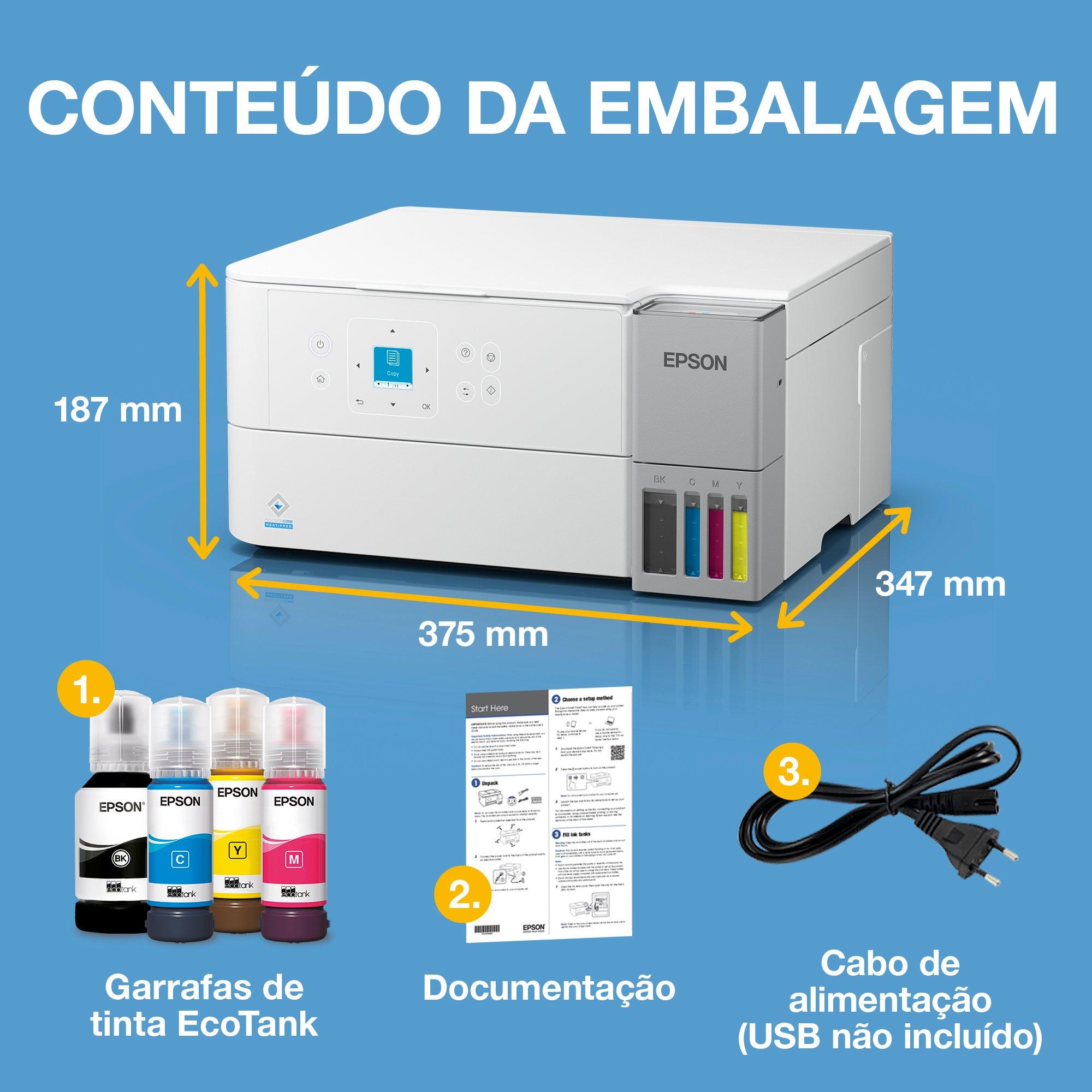Impressora EcoTank ET-2956 A4 multifunções branca com Wi-Fi, AirPrint e tanque de tinta com digitalização, cópia e impressão duplex, até 3 anos de tinta incluída whats in the box